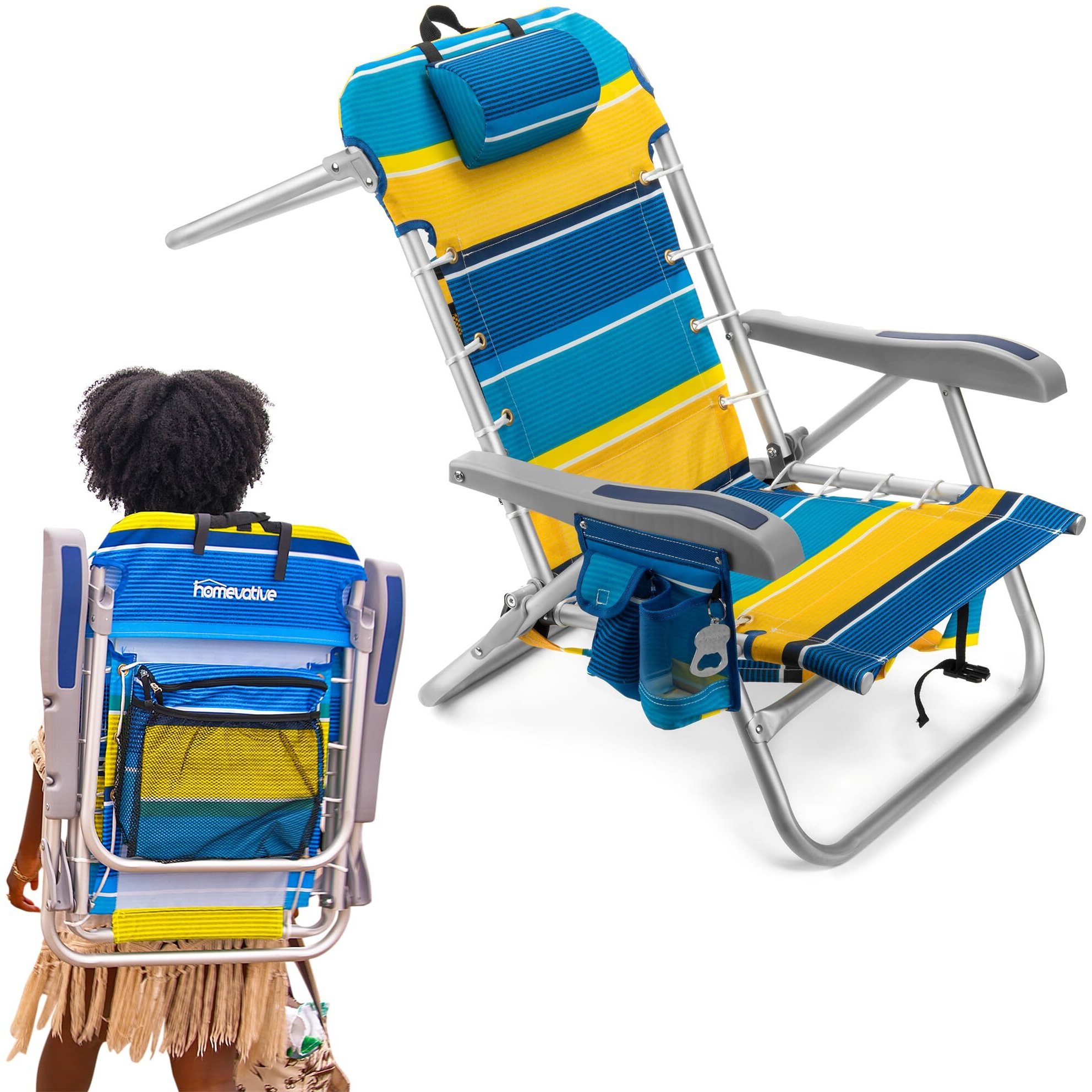 Homevative Cooler+ Folding Backpack Beach Chair With 5 Positions, Towel Bar, Xl Cooler Pouch, Storage Net, Cup And Phone Holder, Sunshine