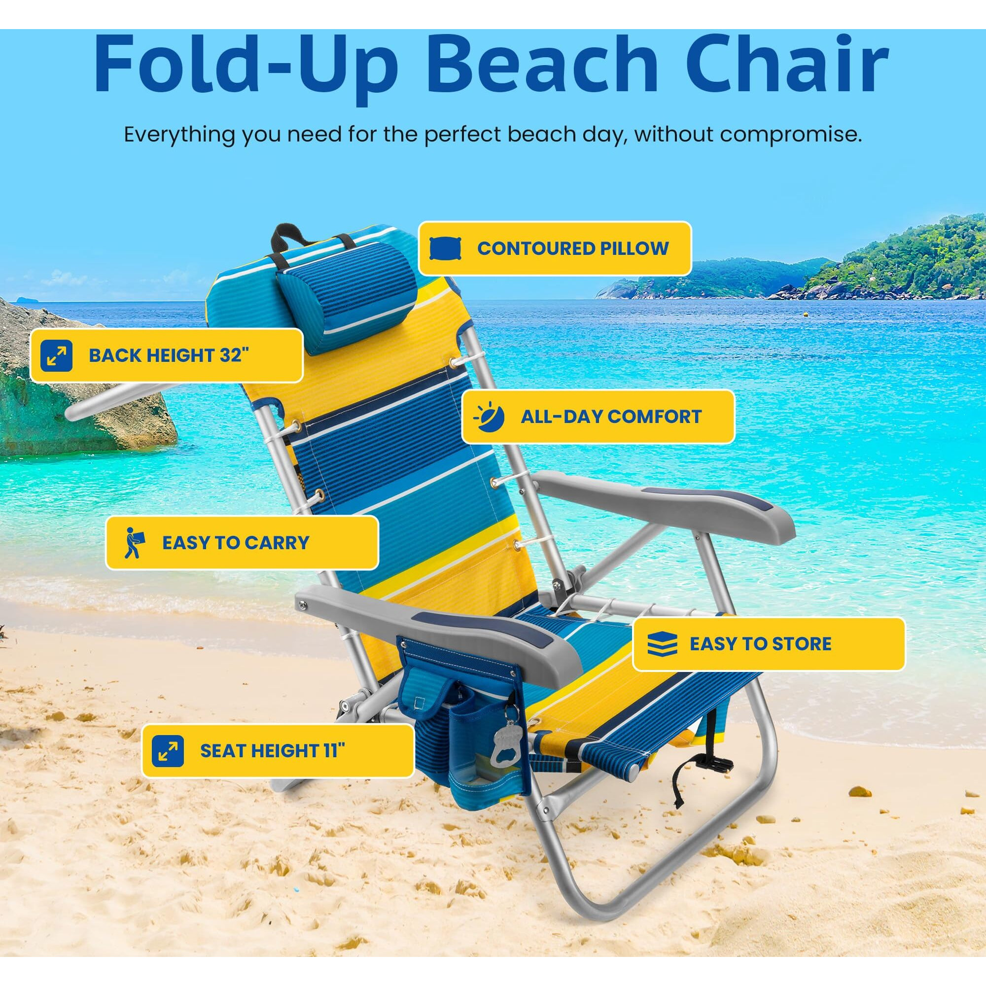 Homevative Cooler+ Folding Backpack Beach Chair With 5 Positions, Towel Bar, Xl Cooler Pouch, Storage Net, Cup And Phone Holder, Sunshine