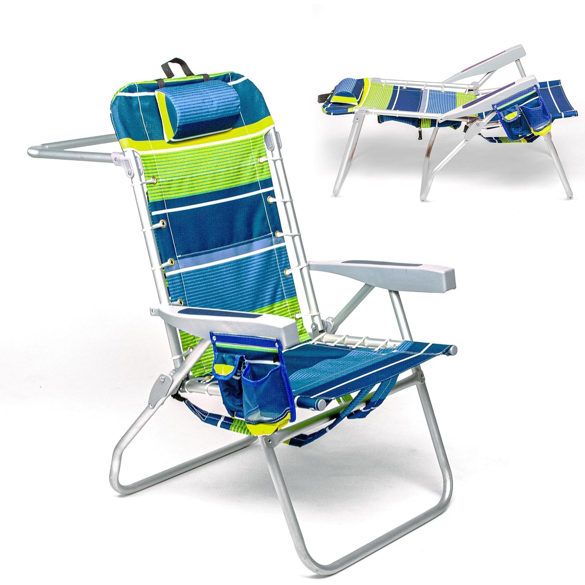 Homevative Folding Backpack Beach Chair With 5 Positions, Towel Bar, Cooler Pouch, Storage Pouch, Cup Holder And Phone Holder (Key Lime, High)