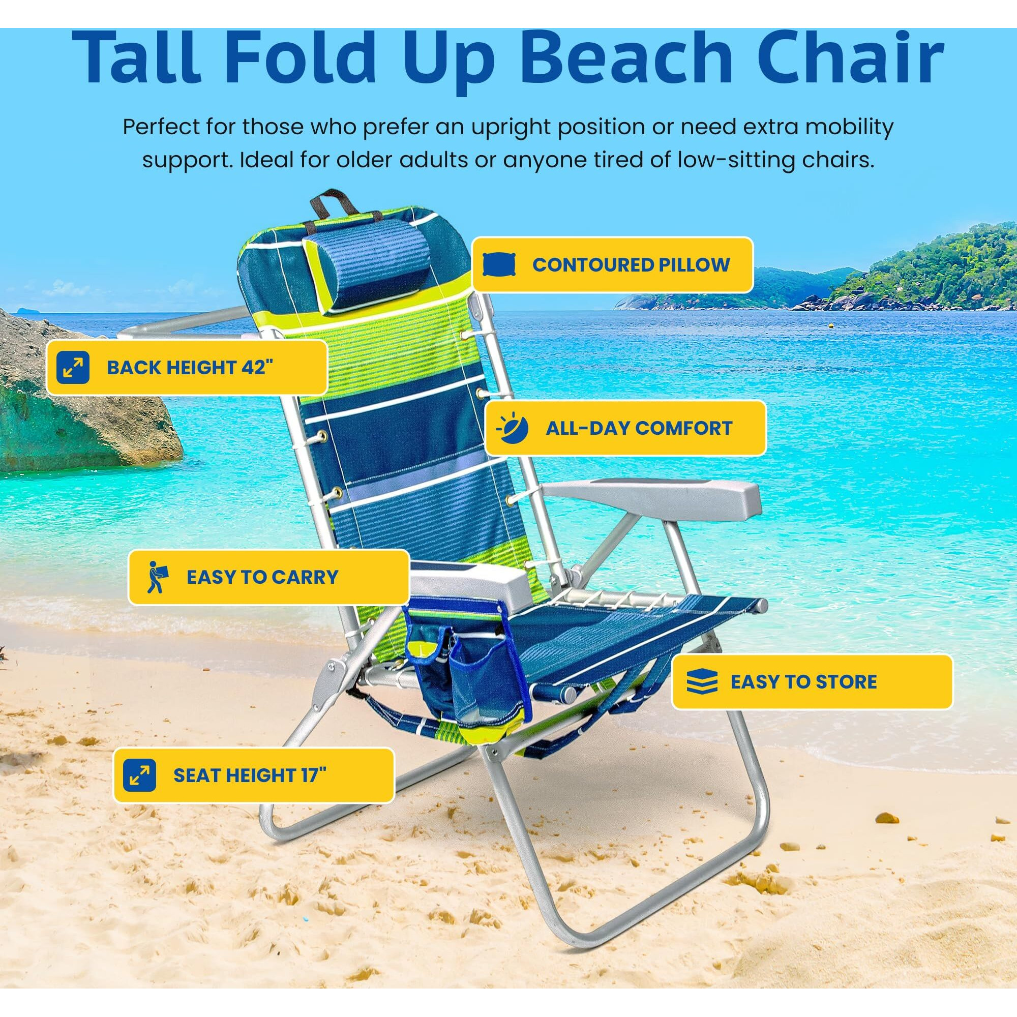 Homevative Folding Backpack Beach Chair With 5 Positions, Towel Bar, Cooler Pouch, Storage Pouch, Cup Holder And Phone Holder (Key Lime, High)