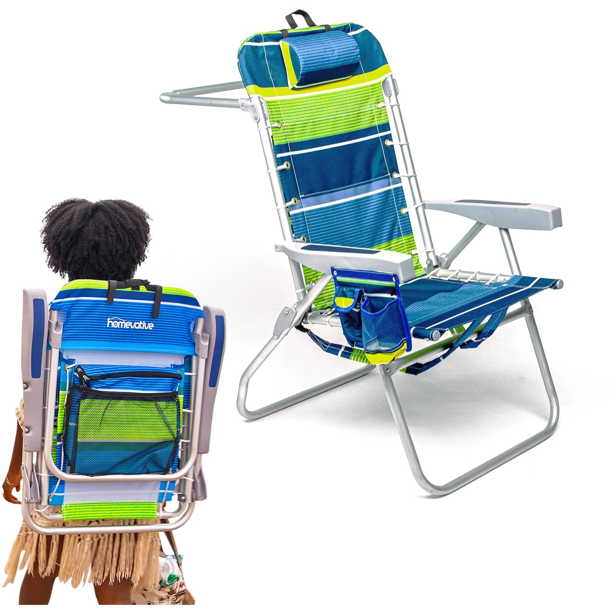 Homevative Folding Backpack Beach Chair With 5 Positions, Towel Bar, Cooler Pouch, Storage Pouch, Cup Holder And Phone Holder (Key Lime, High)