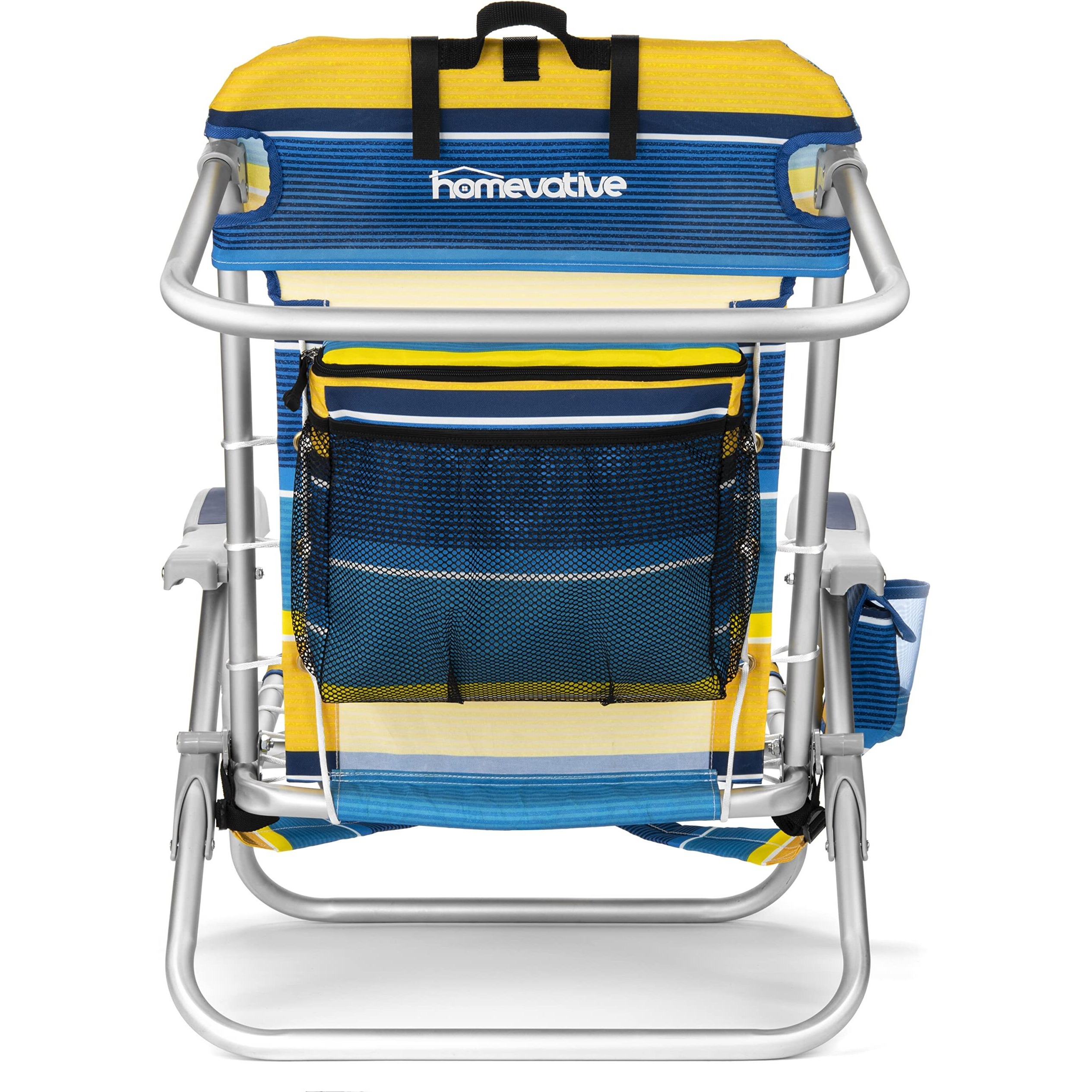 Homevative Cooler+ Folding Backpack Beach Chair With 5 Positions, Towel Bar, Xl Cooler Pouch, Storage Net, Cup And Phone Holder, Sunshine, 2 Pack
