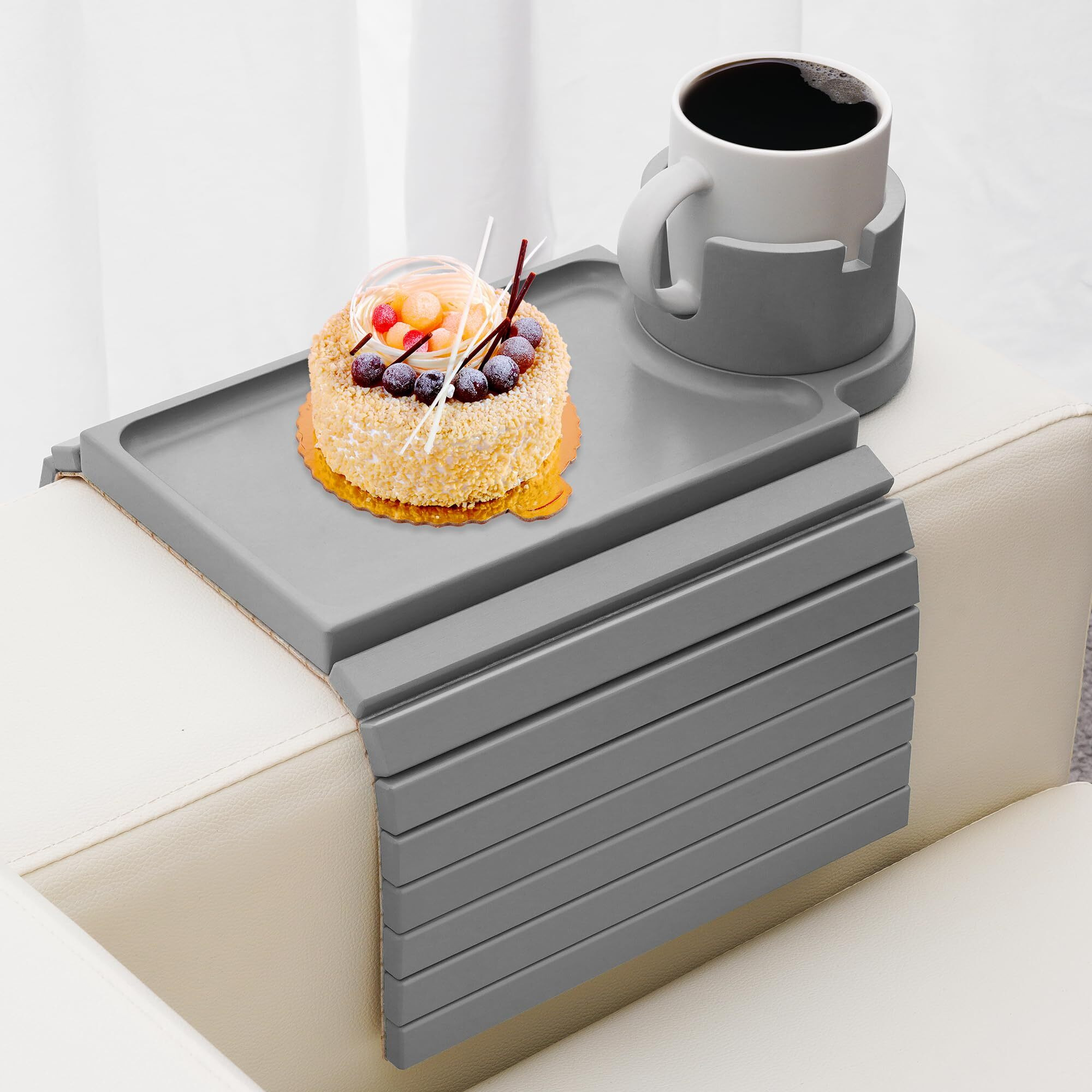 Ghkinmal Couch Cup Holder Tray, Large Couch Arm Table With 360 Ratated Phone Holder, 3 In 1 Bamboo Sofa Armrest Tray With Anti-Slip Couch Organizer For Remote,Cellphone,Snacks