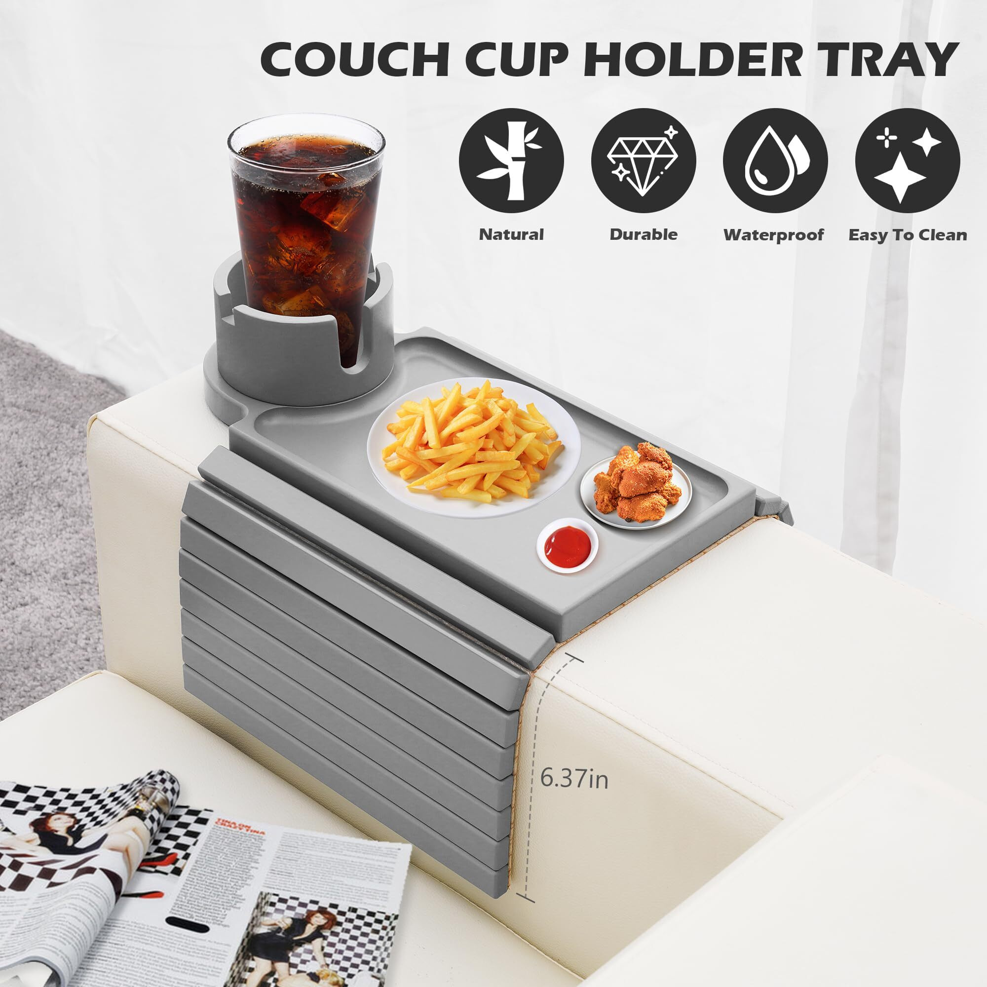 Ghkinmal Couch Cup Holder Tray, Large Couch Arm Table With 360 Ratated Phone Holder, 3 In 1 Bamboo Sofa Armrest Tray With Anti-Slip Couch Organizer For Remote,Cellphone,Snacks