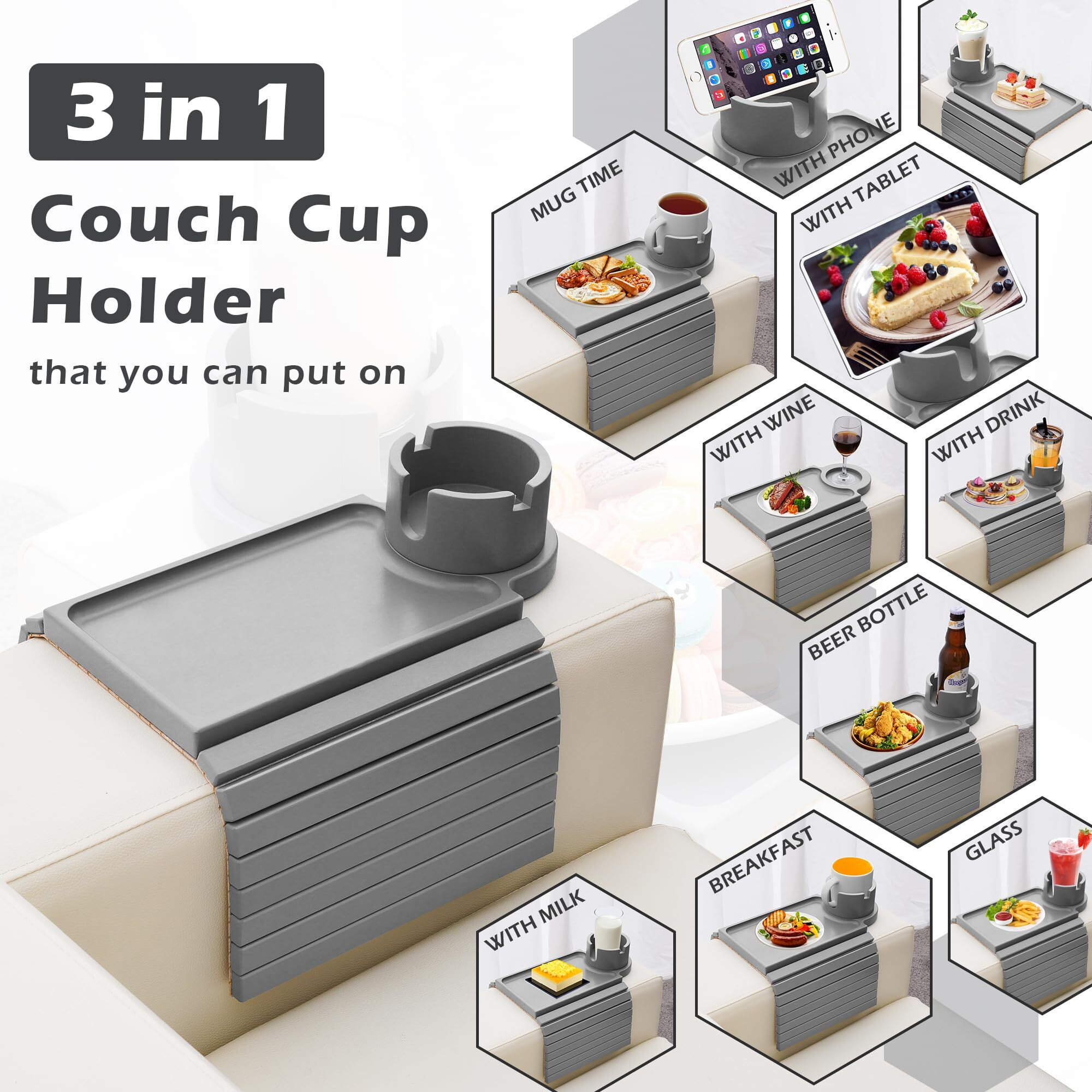 Ghkinmal Couch Cup Holder Tray, Large Couch Arm Table With 360 Ratated Phone Holder, 3 In 1 Bamboo Sofa Armrest Tray With Anti-Slip Couch Organizer For Remote,Cellphone,Snacks