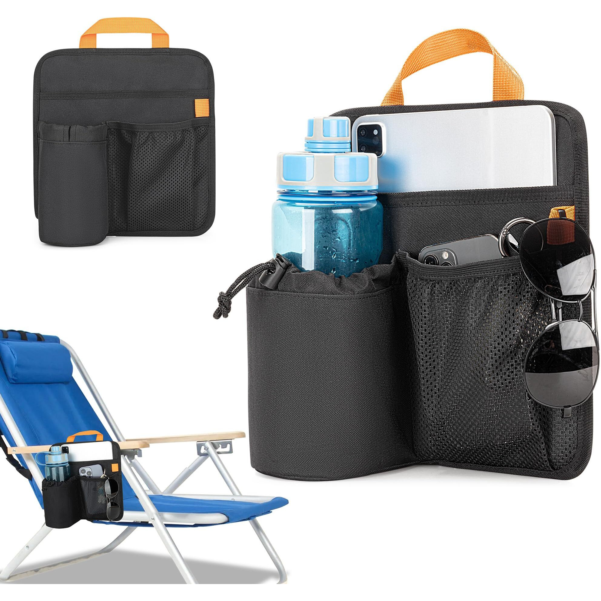 Graoso Beach Chair Cup Holder, Chair Side Organizer Easily Attached To Armrest With 2 Self-Adhesive Fastener Strap, Hanging Chair Attachment For Water Bottle, Sunglasses, Phone, Snack, Etc..