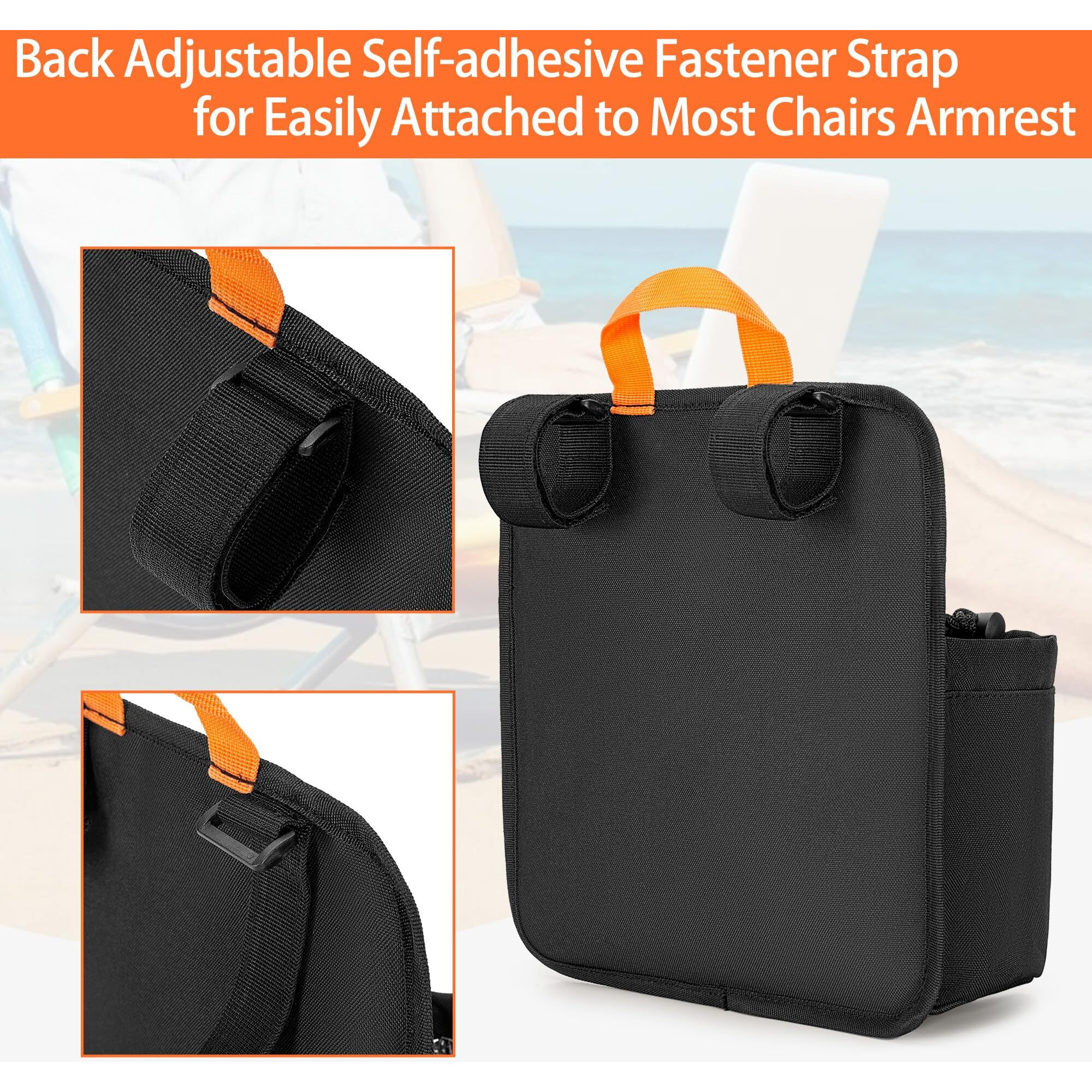 Graoso Beach Chair Cup Holder, Chair Side Organizer Easily Attached To Armrest With 2 Self-Adhesive Fastener Strap, Hanging Chair Attachment For Water Bottle, Sunglasses, Phone, Snack, Etc..