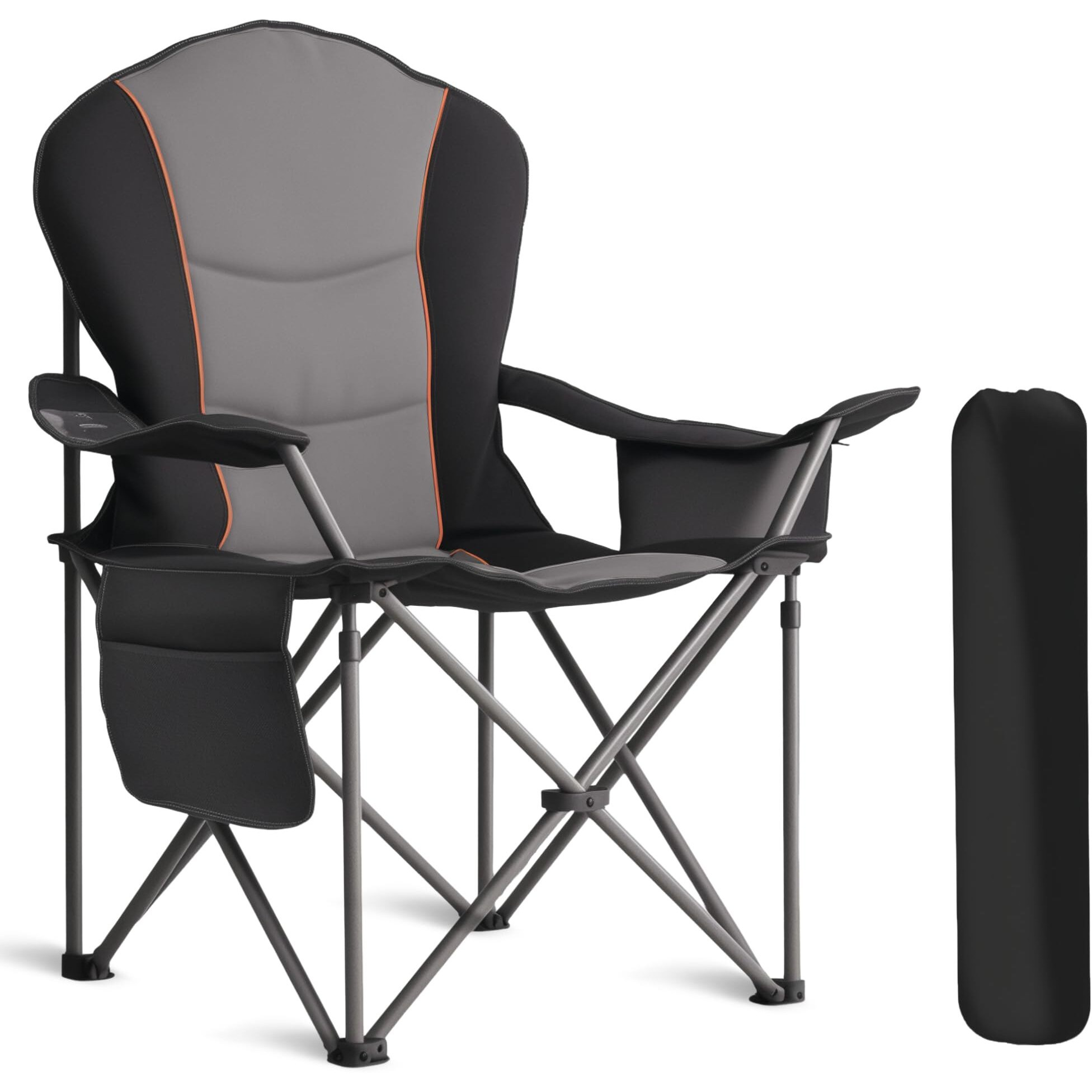 Foristrail Oversized Camping Chair Heavy Duty 500Lb - Portable Folding Chair With Cooler Bag, Cup Holder & Waterproof Phone Case For Adults, Beach, Hiking, Backyard (Black & Gray)