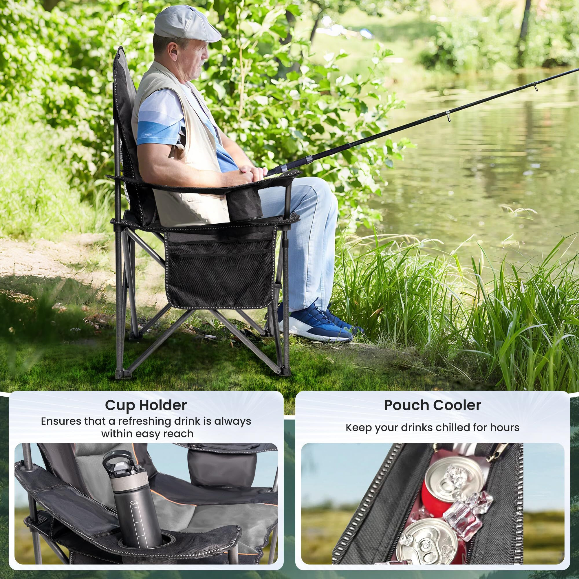 Foristrail Oversized Camping Chair Heavy Duty 500Lb - Portable Folding Chair With Cooler Bag, Cup Holder & Waterproof Phone Case For Adults, Beach, Hiking, Backyard (Black & Gray)