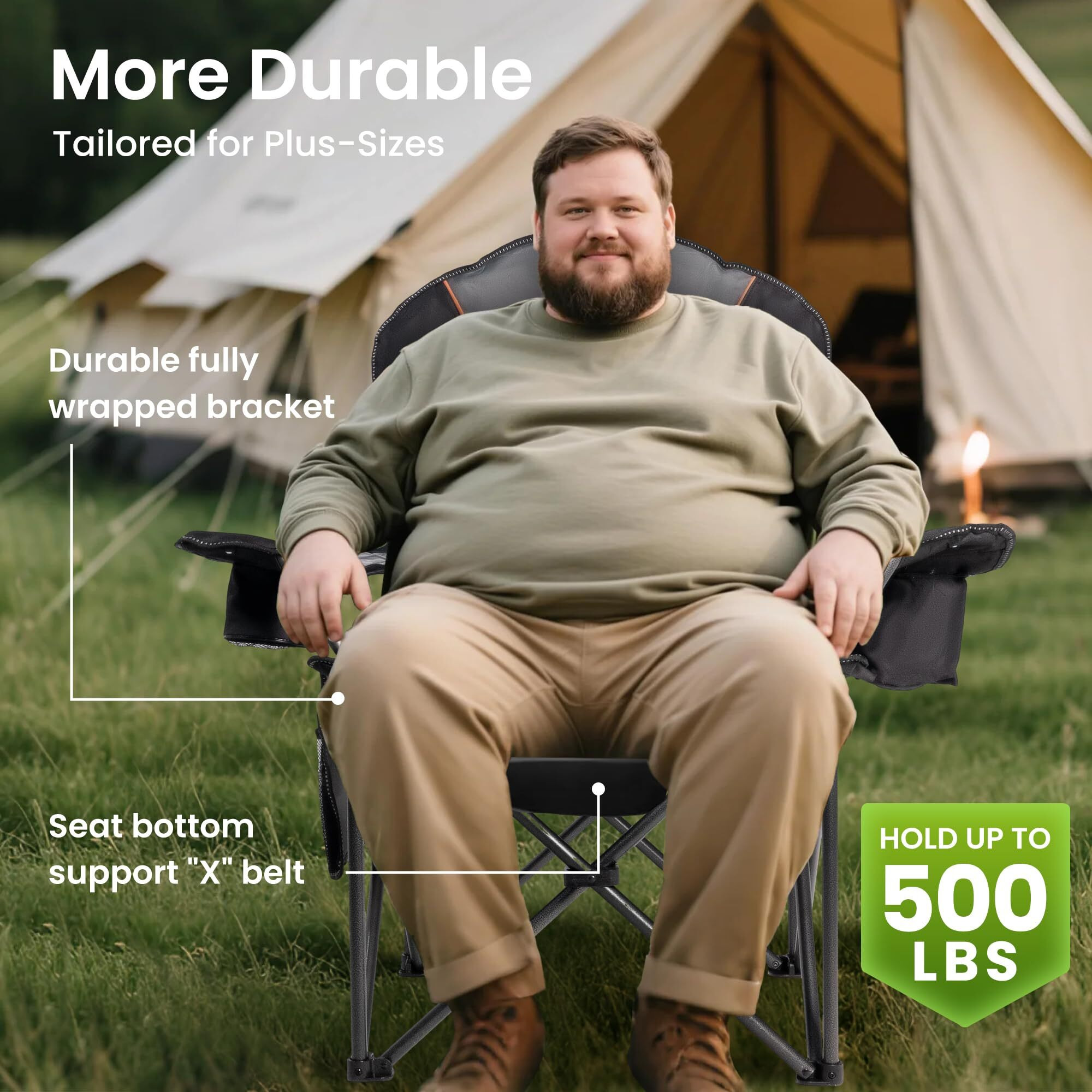 Foristrail Oversized Camping Chair Heavy Duty 500Lb - Portable Folding Chair With Cooler Bag, Cup Holder & Waterproof Phone Case For Adults, Beach, Hiking, Backyard (Black & Gray)