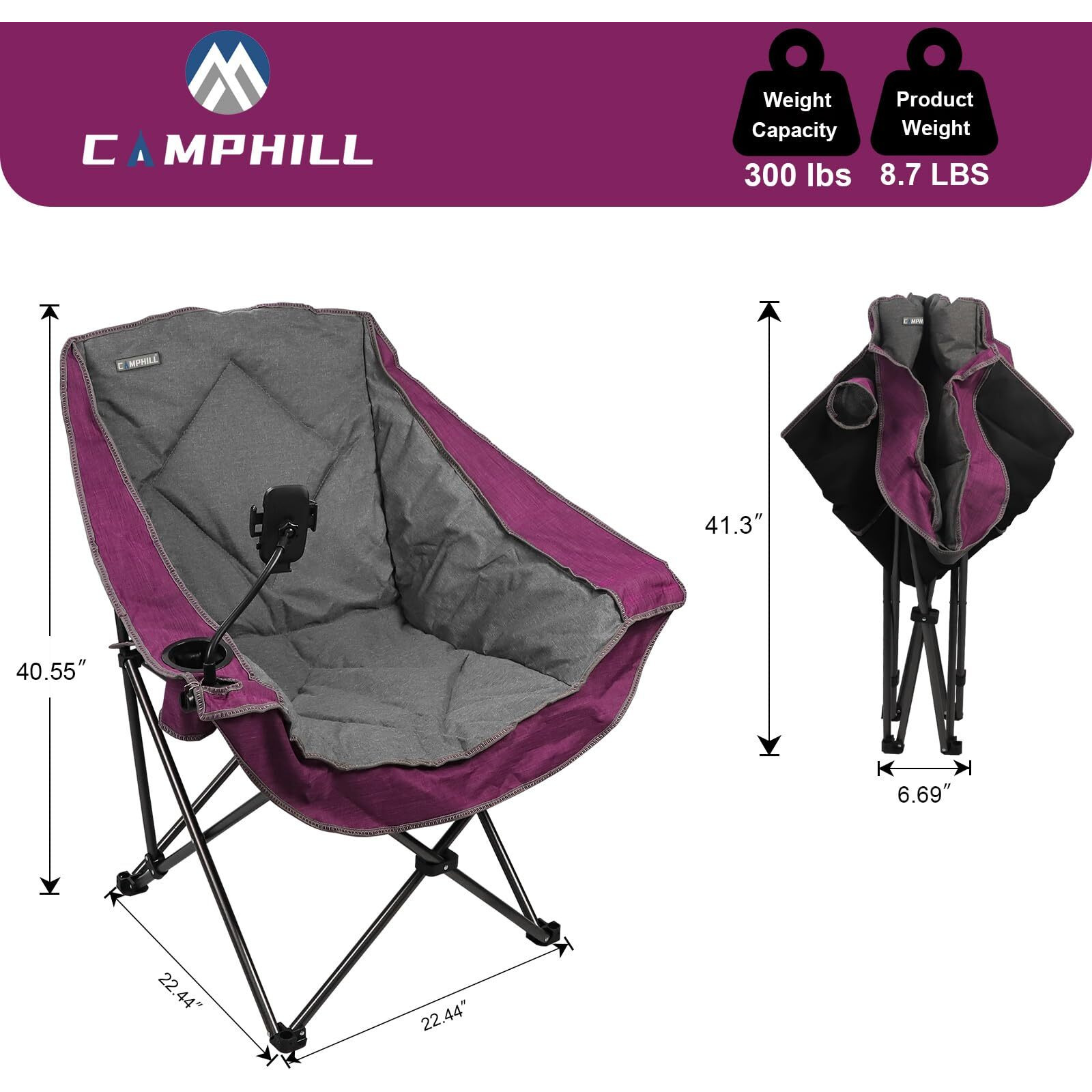 Camphill Folding Camping Chair,Oversized Portable Camping Chair With Cup Holder And Phone Holder,Heavy Duty Padded Lawn Chair For Camping, Tailgates, Beach, And Sports