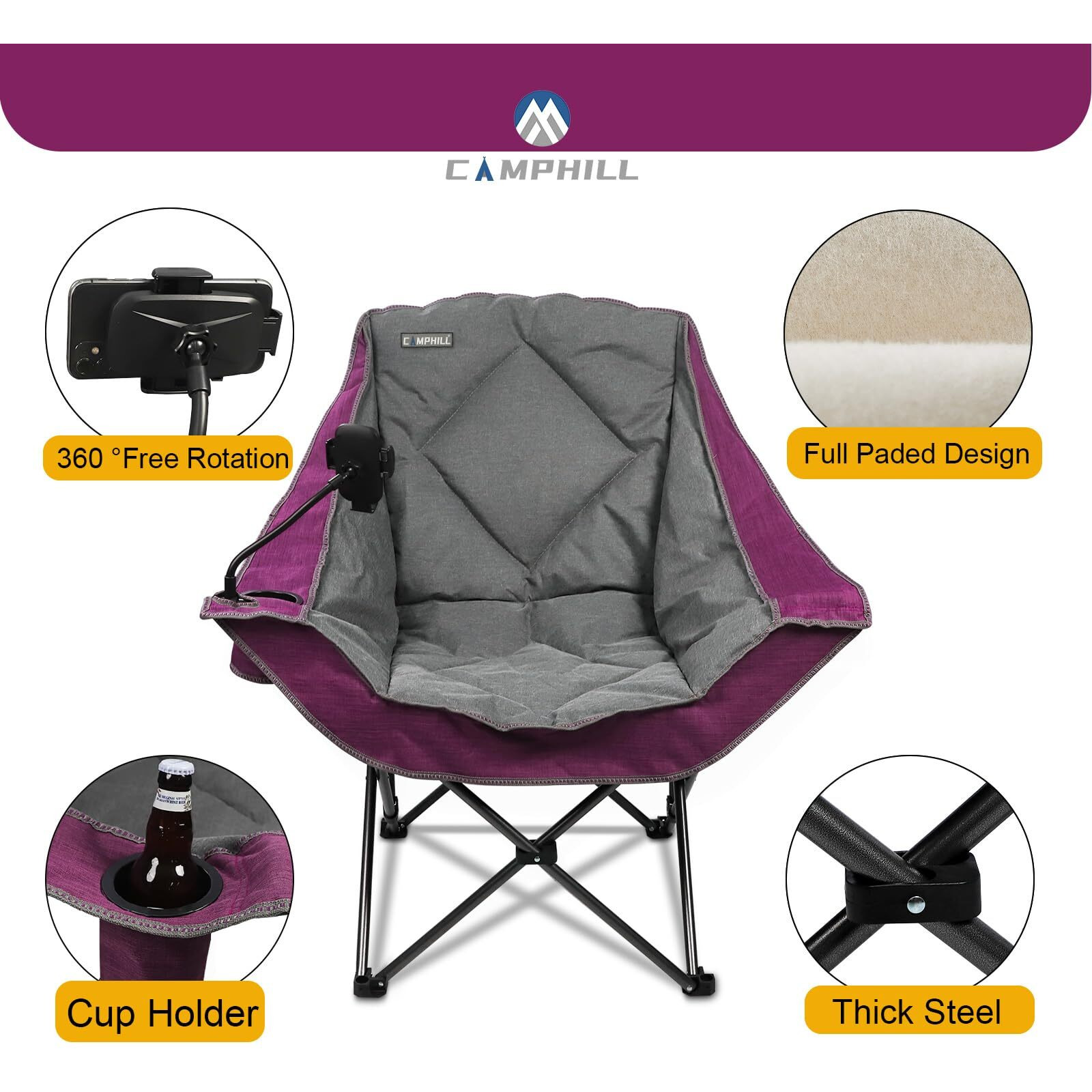 Camphill Folding Camping Chair,Oversized Portable Camping Chair With Cup Holder And Phone Holder,Heavy Duty Padded Lawn Chair For Camping, Tailgates, Beach, And Sports