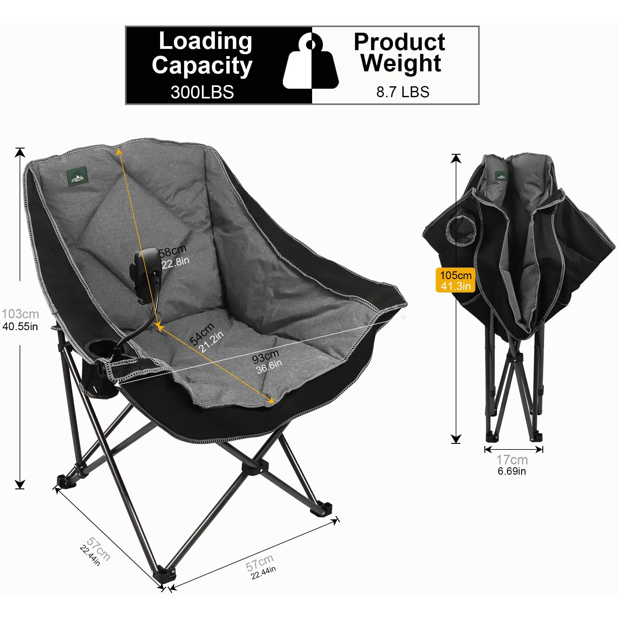 Northroad Oversized Foldable Camping Chair With Cell Phone Holder,Outdoor Padded Lawn Chair W/Cup Holder,Carry Bag For Beach, Hiking, And Picnics,Heavy-Duty 300-Lbs Capacity, Black