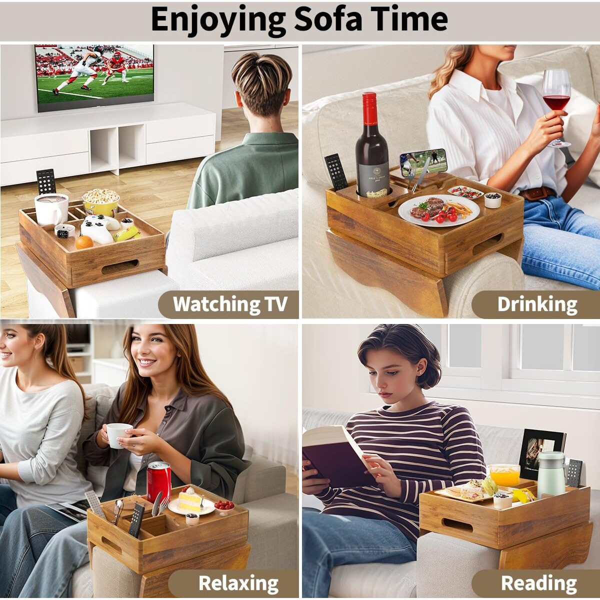 Acacia Wood Couch Cup Holder Tray, 7-In-1 Couch Arm Tray, Sofa Clip-On Side Table With Push-Pull Drawer To Organize And Store Small Objects, 360Swivel Phone Holder, For Drinks, Cups, Snacks, Remote