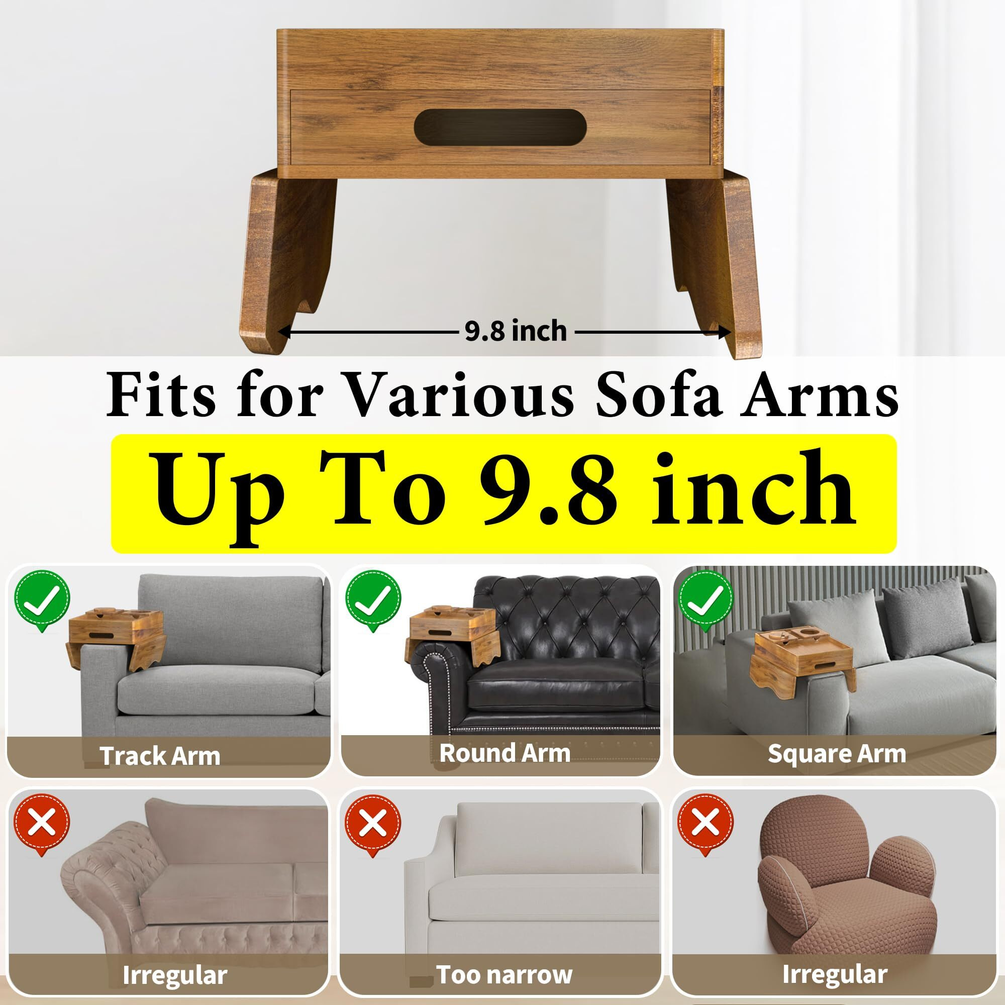 Acacia Wood Couch Cup Holder Tray, 7-In-1 Couch Arm Tray, Sofa Clip-On Side Table With Push-Pull Drawer To Organize And Store Small Objects, 360Swivel Phone Holder, For Drinks, Cups, Snacks, Remote