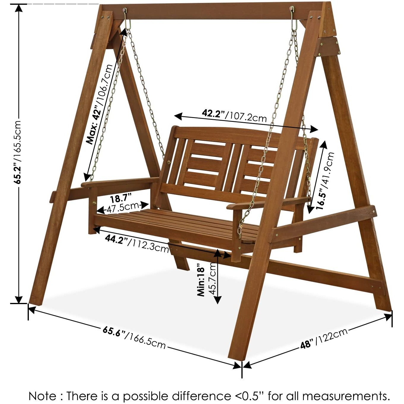 Furinno Tioman Hardwood Hanging Porch Swing With Stand In Teak Oil, Light Wood