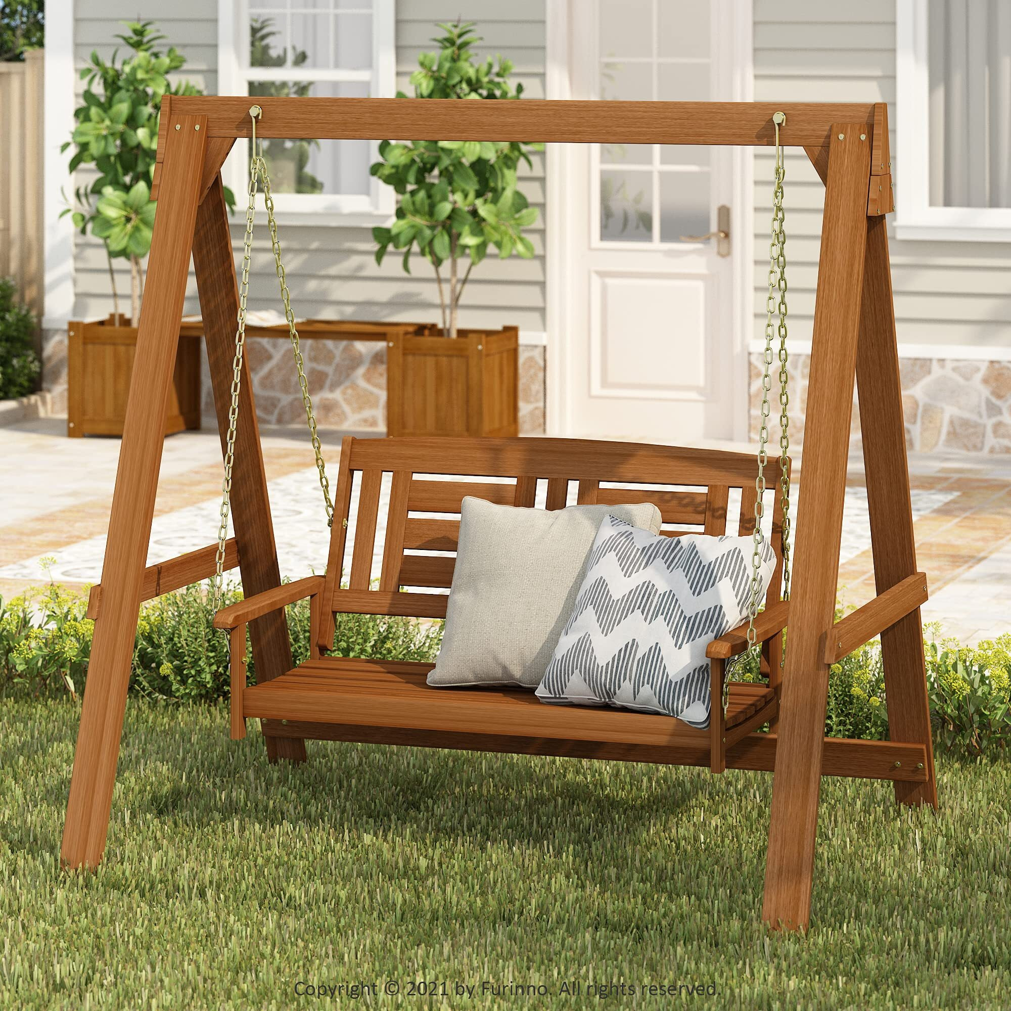 Furinno Tioman Hardwood Hanging Porch Swing With Stand In Teak Oil, Light Wood