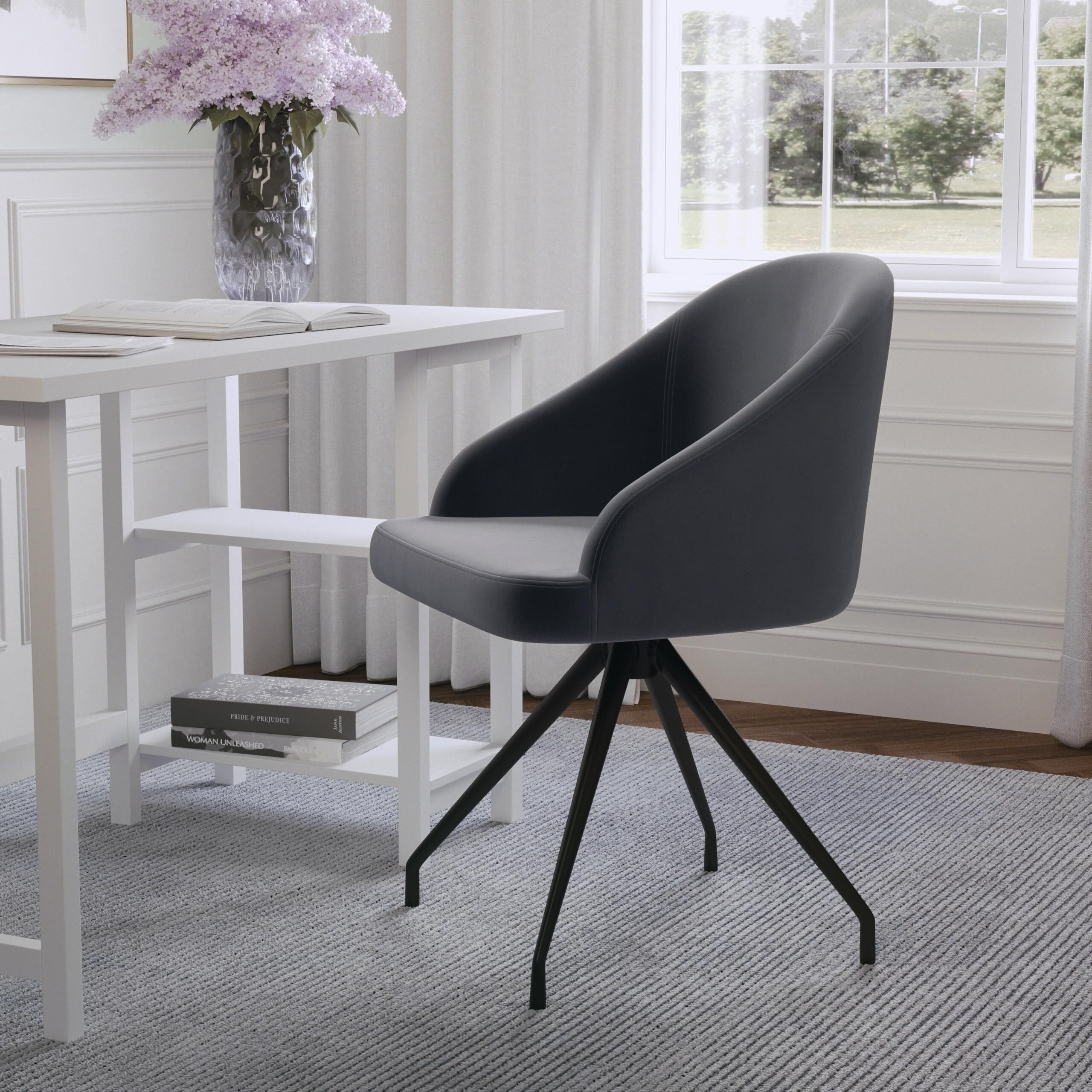 Martha Stewart Sora Stationary Swivel Task Chair With Sloped Arms For Home Office In Gray Velvet With Oil Rubbed Bronze Frame
