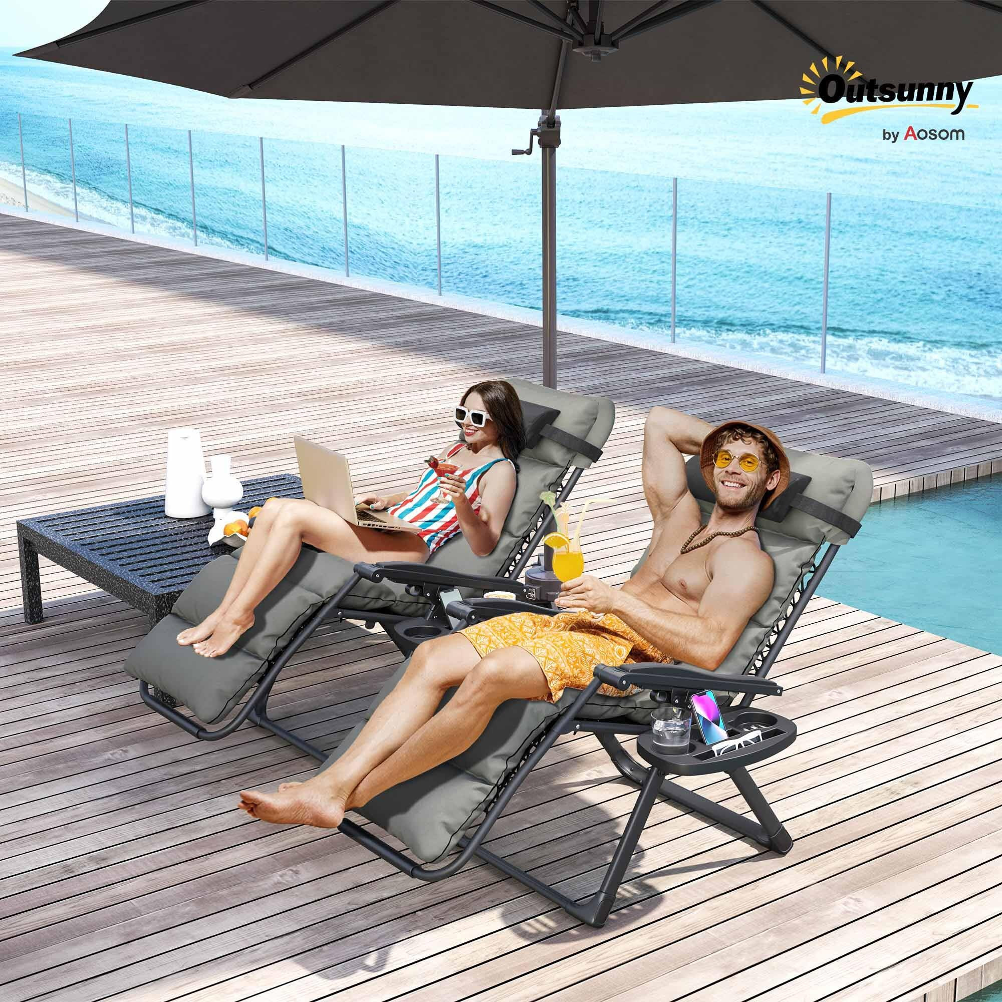Outsunny Zero Gravity Chairs Set Of 2, Reclining Folding Zero Gravity Lounge Chair, Outdoor Lounge Chairs With Removable Cushion, Headrest, And Cup Phone Holder Tray For Patio, Beach, Gray