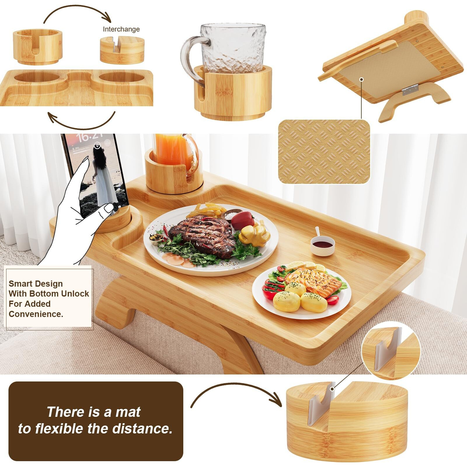 Bamboo Couch Table On Arm, 3 In 1 Large 15.36"&quotX9.85"" Couch Cup Holder Tray, Wood Sofa Arm Clip On Tv Tray Table With 360Rotated Phone/Cup Holder, Sofa Armrest Clip-On For Eating And Drinking