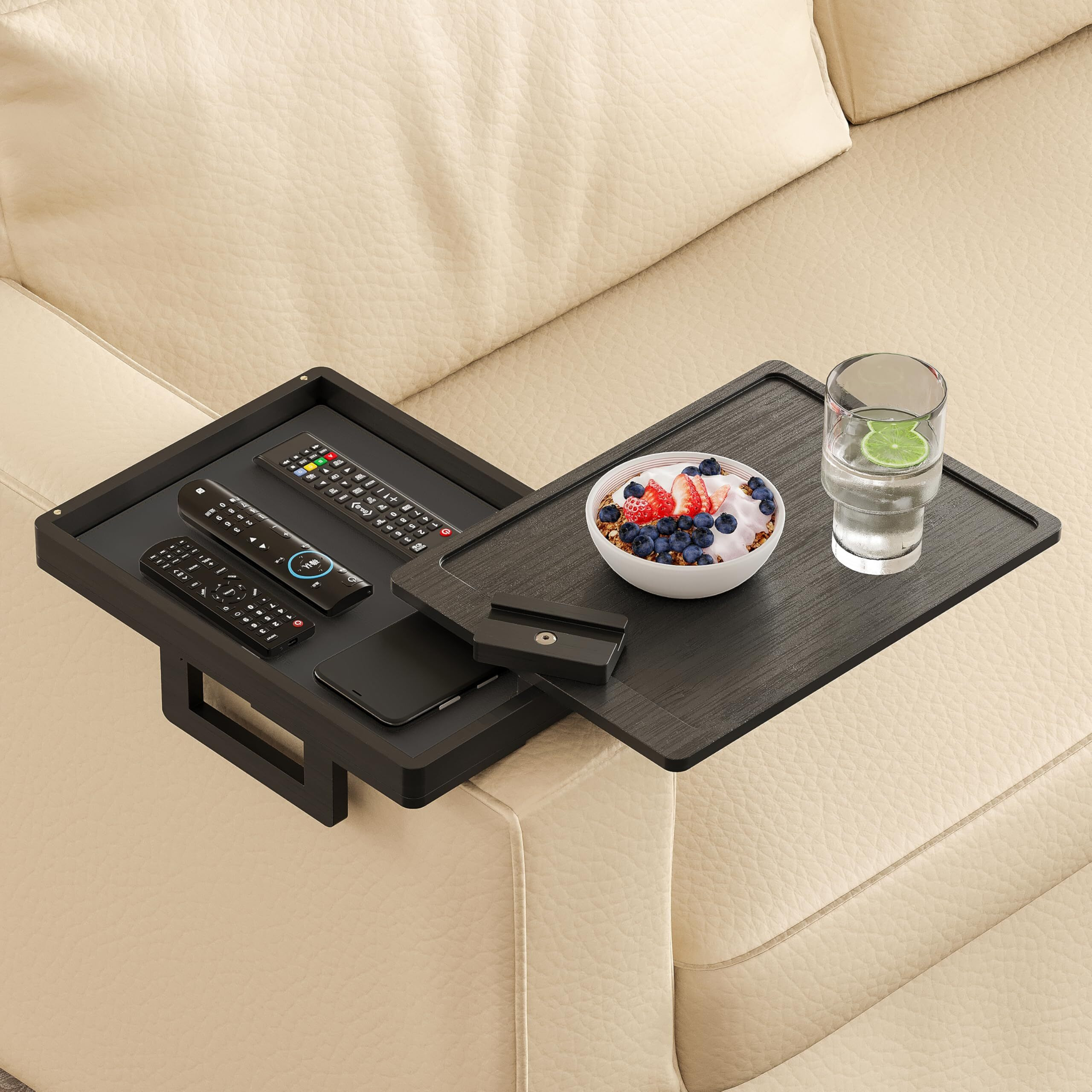 Wealone Black Couch Arm Tray For Wide Couch, Bamboo Sofa Arm Clip Table With Storage Box, Couch Armrest Tray With 360Rotating Phone Holder, Sofa Arm Table Clip For Eating, Drinks Or Dining
