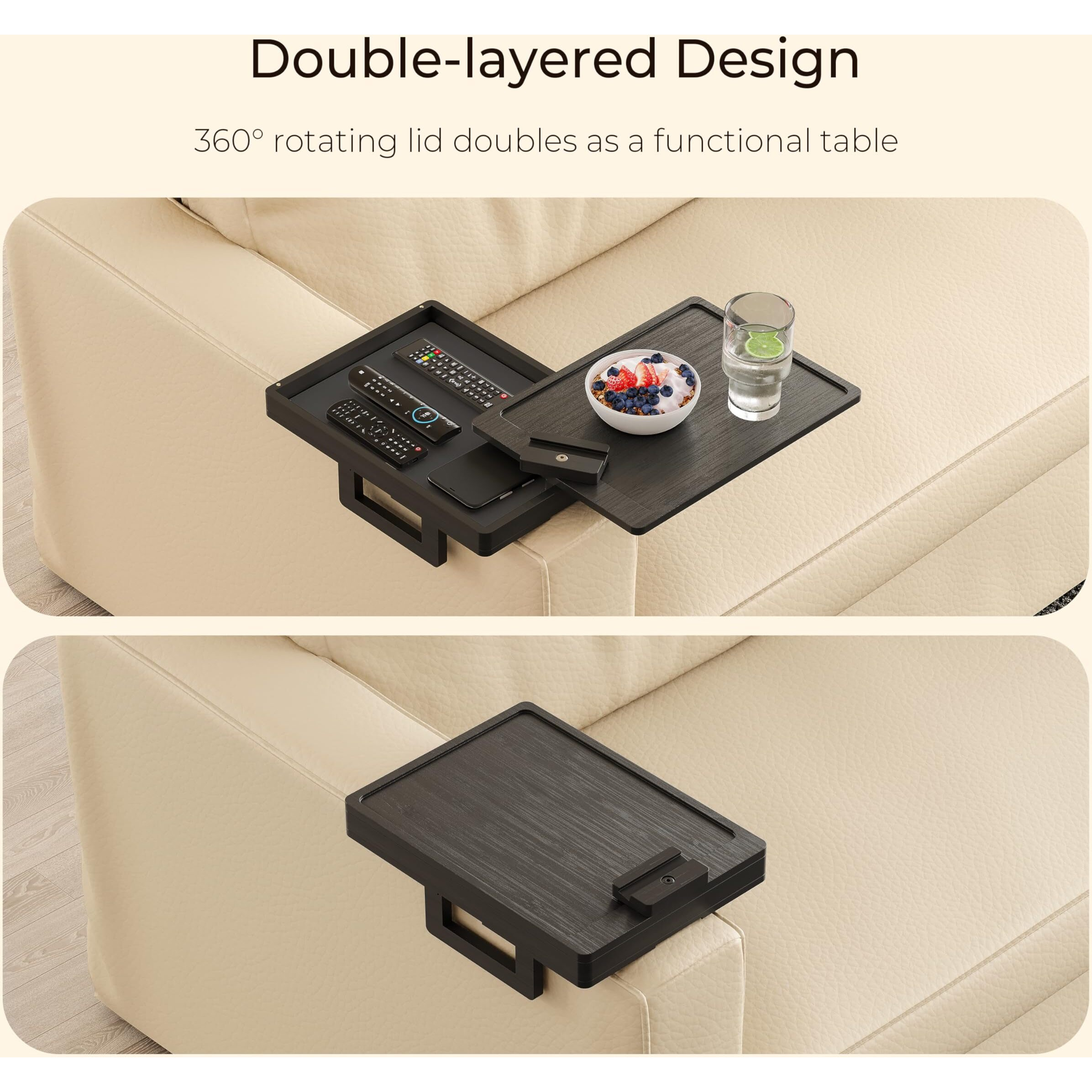 Wealone Black Couch Arm Tray For Wide Couch, Bamboo Sofa Arm Clip Table With Storage Box, Couch Armrest Tray With 360Rotating Phone Holder, Sofa Arm Table Clip For Eating, Drinks Or Dining