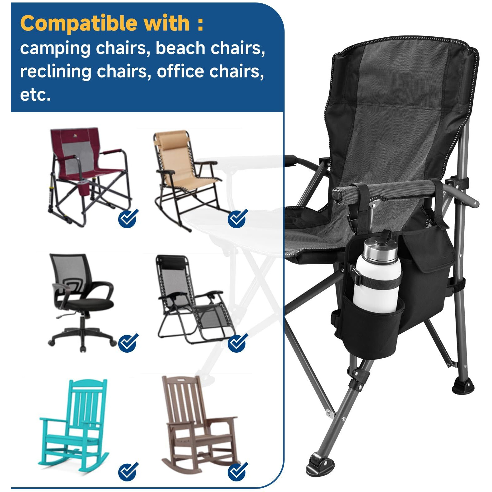 Xxerciz Chair Cup Holder Phone Holder, Camping Chair Armrest Drink Holder With Easily Attached Self Adhesive Straps For Patio Recliner, Beach Chair, Foldable Camping Chair (Black)