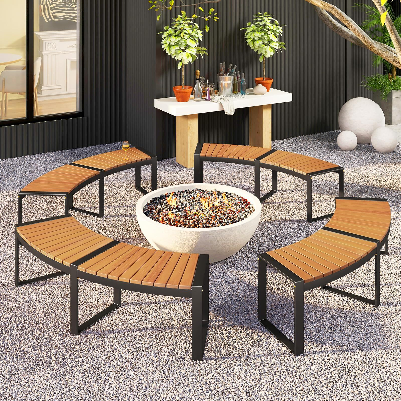 Moccha Outdoor Curved Bench, Acacia Wood Fire Pit Bench W/Slatted Seat, Metal Frame, Loveseat, Outside Chair, Patio Backless 2-Person Seating For Yard Deck Porch 800 Lbs Max Load, Oil Painted (4)
