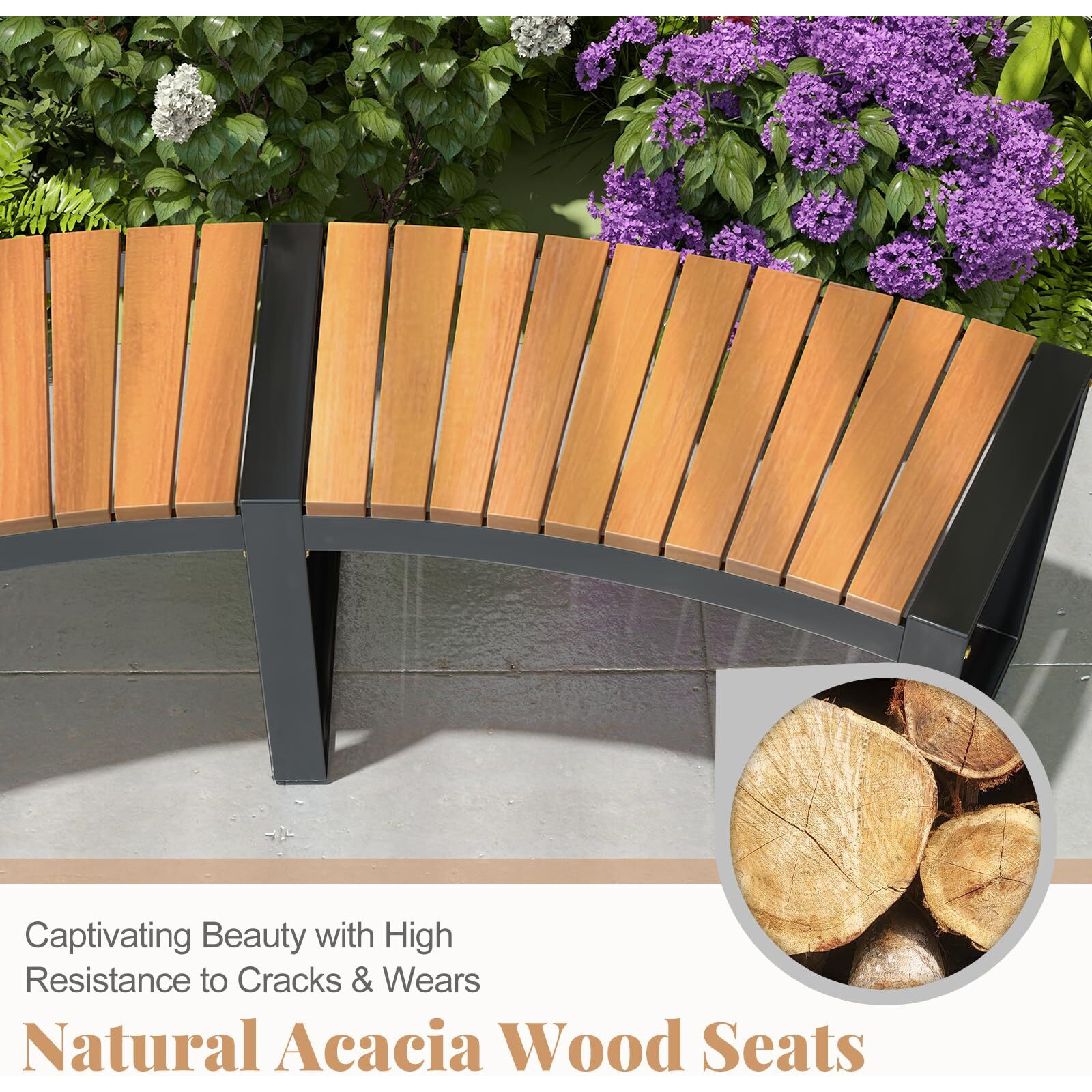 Moccha Outdoor Curved Bench, Acacia Wood Fire Pit Bench W/Slatted Seat, Metal Frame, Loveseat, Outside Chair, Patio Backless 2-Person Seating For Yard Deck Porch 800 Lbs Max Load, Oil Painted (4)