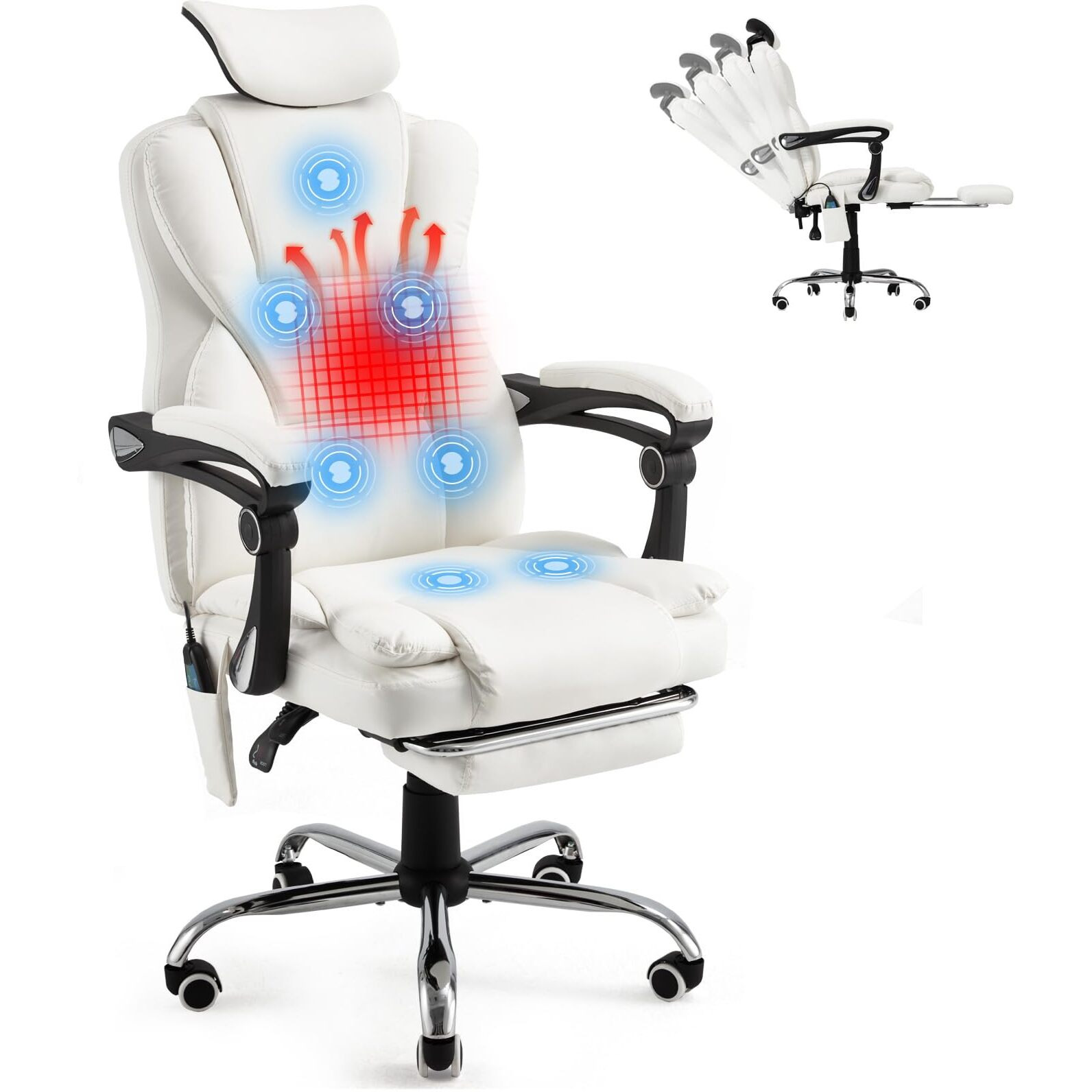 Jfhid Office Chair With 7 Point Vibration Massage & Heat Functions, Ergonomic Recliner With Adjustable Headrest & Footrest, Faux Leather Executive Chair, Cream White
