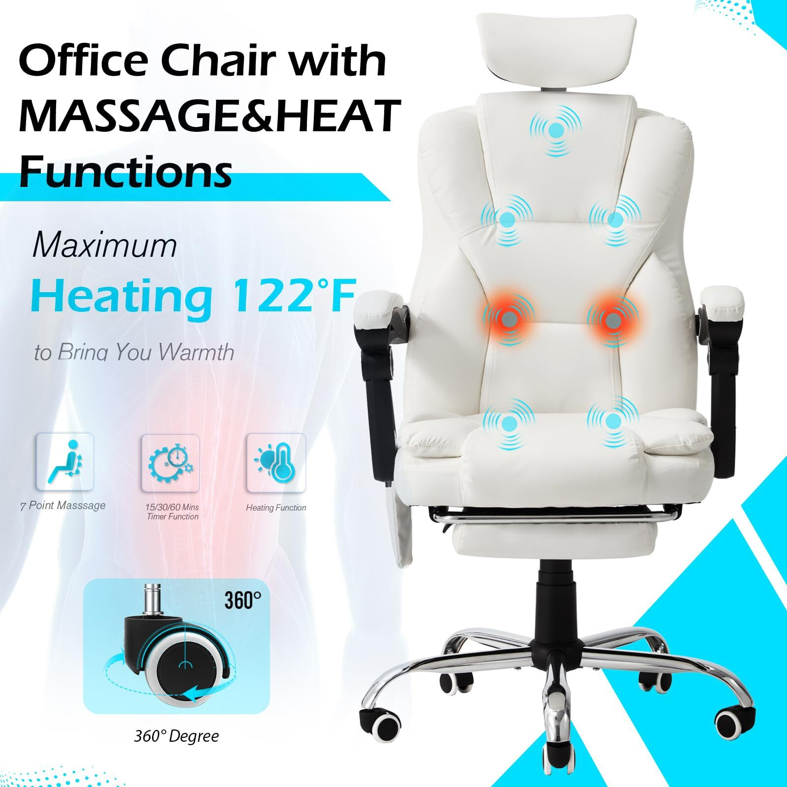 Jfhid Office Chair With 7 Point Vibration Massage & Heat Functions, Ergonomic Recliner With Adjustable Headrest & Footrest, Faux Leather Executive Chair, Cream White