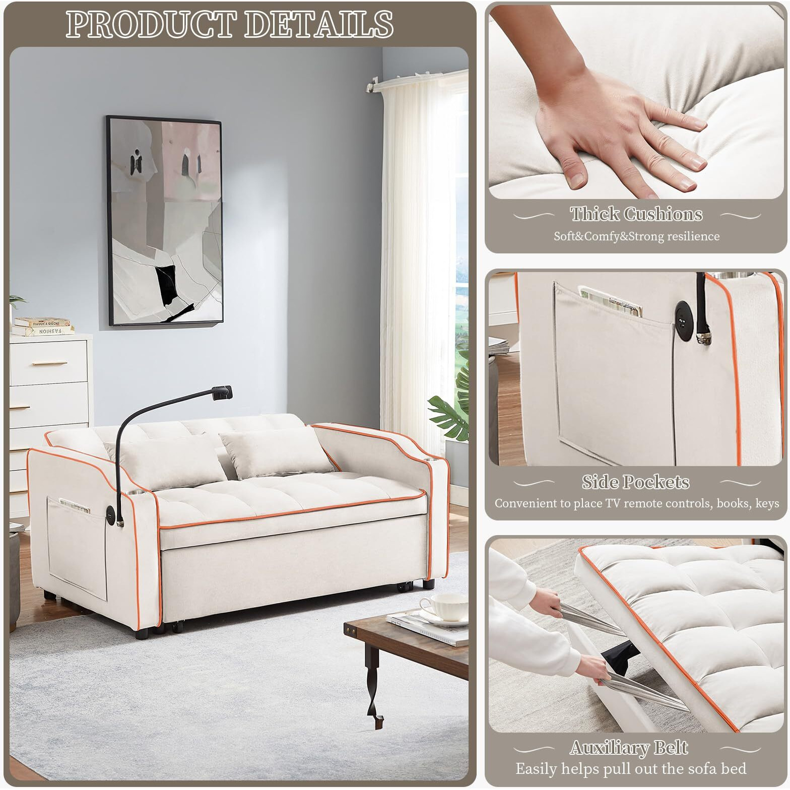 Jeeoehy 3 In 1 Convertible Sleeper Sofa Bed,Velvet Pull Out Couch Bed W Usb&Type C Port,Comfy Futon Loveseat W Adjustable Backrest&Phone Stand&Cup Holder For Living Room Apartment Small Space(Beige)
