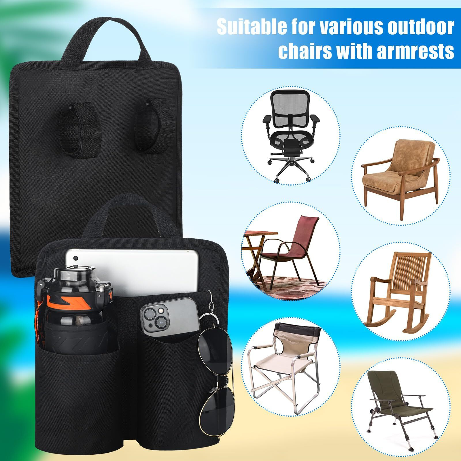 Glikceil 2 Pcs Beach Chair Cup Phone Holder Attachment Black Chair Side Organizer Armrest For Camping Pouch Storage Bag For Water Bottle Sunglasses Book Snack Outdoor Camping Patio Office