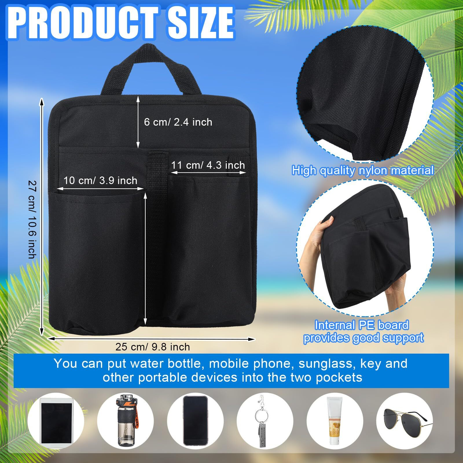 Glikceil 2 Pcs Beach Chair Cup Phone Holder Attachment Black Chair Side Organizer Armrest For Camping Pouch Storage Bag For Water Bottle Sunglasses Book Snack Outdoor Camping Patio Office