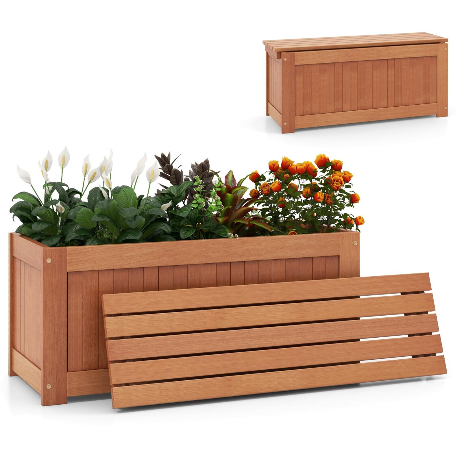 Giantex 2-In-1 Outdoor Bench, Wood Raised Garden Bed With Open Base, Teak Oil Finish, Rectangular Deep Planter Boxes For Flowers Fruit Vegetable, Bench Seat For Porch Yard Balcony Lawn