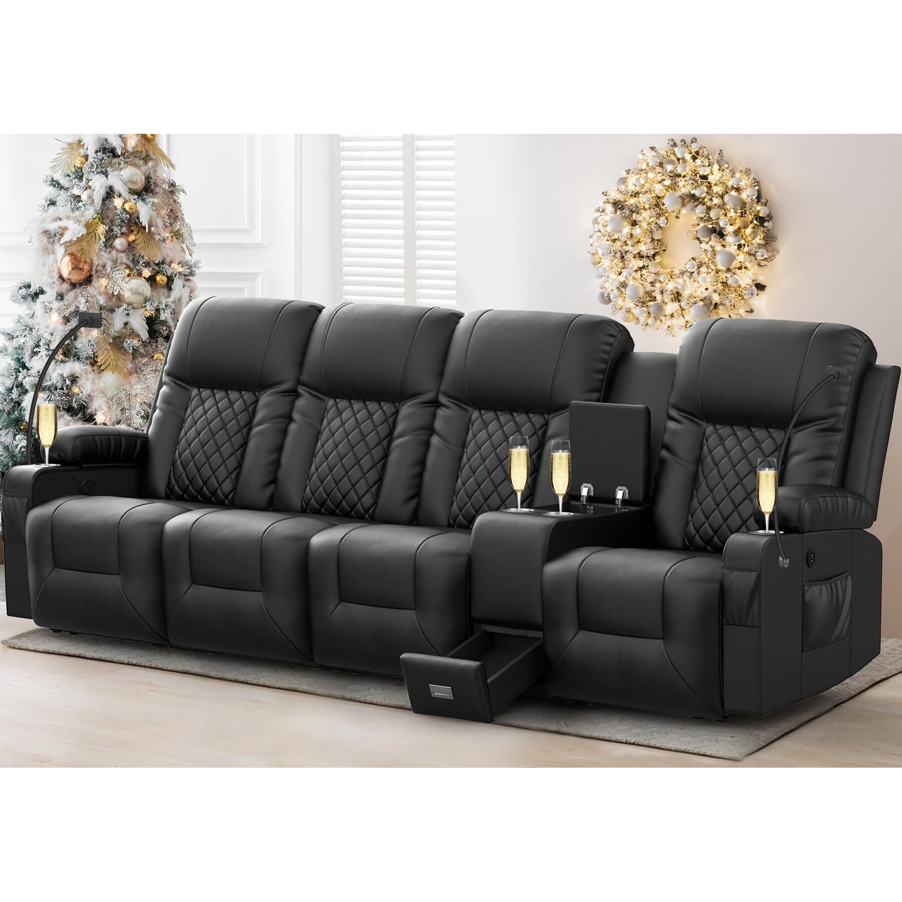 Yonisee 4 Seat Recliner Sofa, Large Reclining Sofa With Storage Console, Manual Reclining Chair With Usb Ports, 2 Cell Phone Holder, 4 Seater Recliner Couch For Living Room
