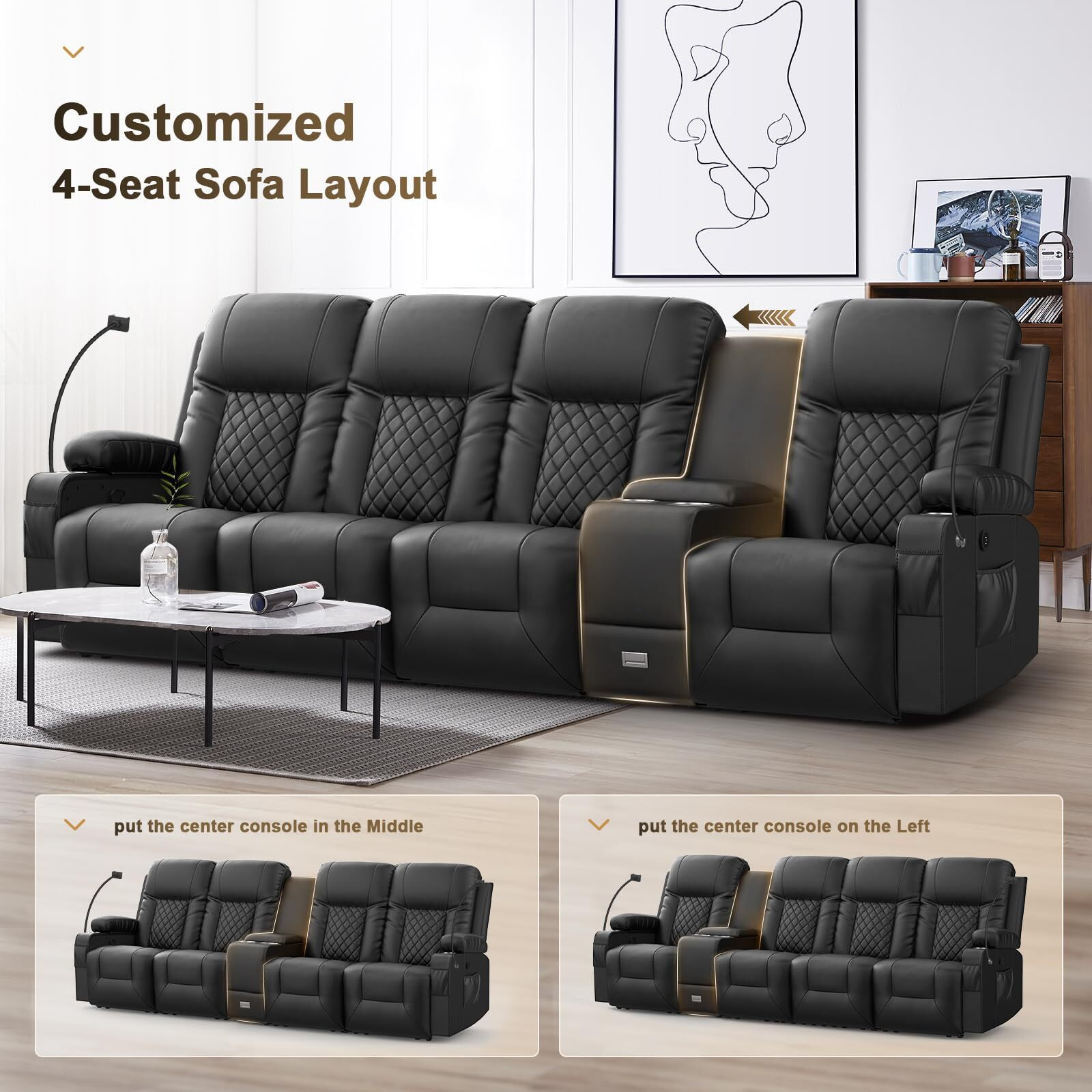 Yonisee 4 Seat Recliner Sofa, Large Reclining Sofa With Storage Console, Manual Reclining Chair With Usb Ports, 2 Cell Phone Holder, 4 Seater Recliner Couch For Living Room