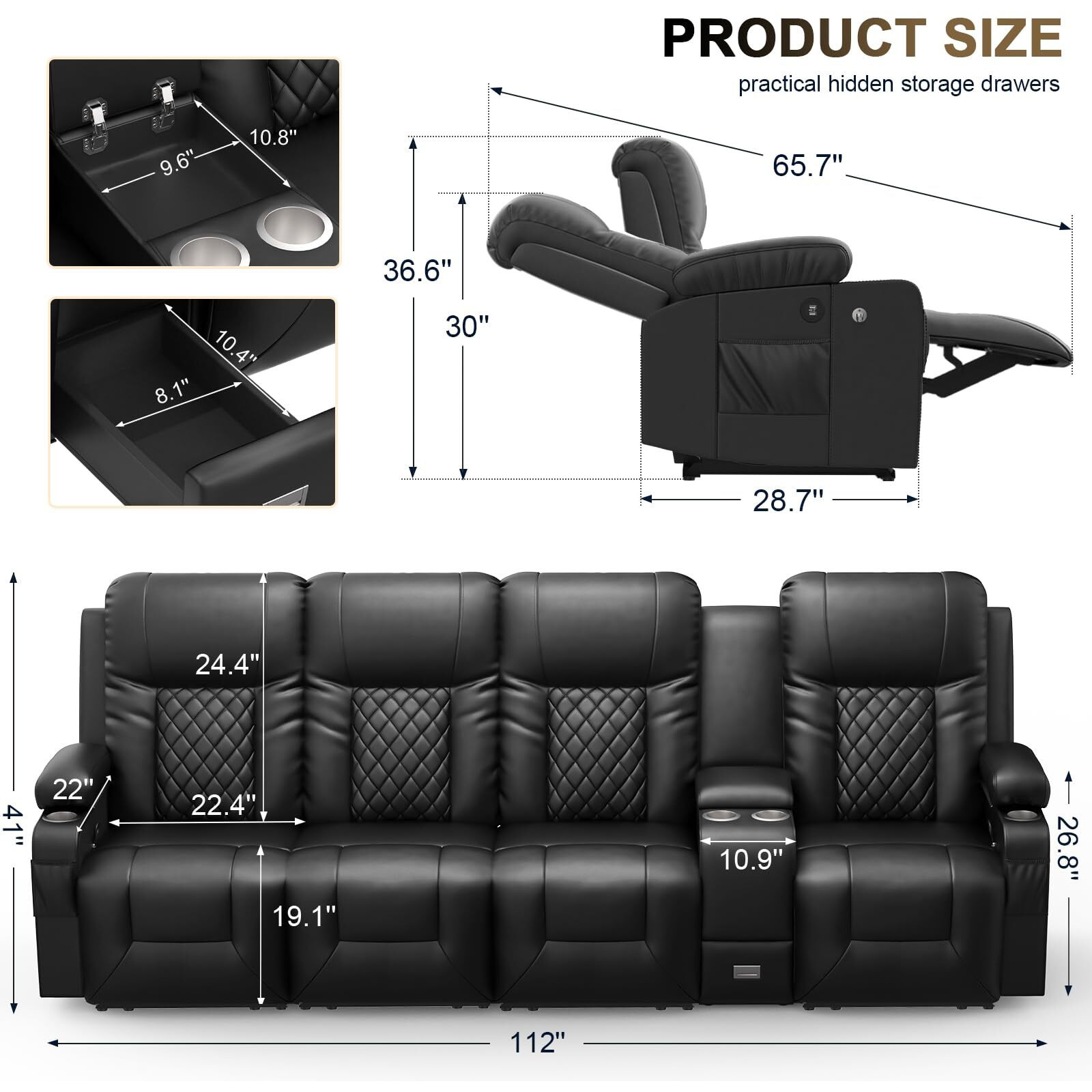Yonisee 4 Seat Recliner Sofa, Large Reclining Sofa With Storage Console, Manual Reclining Chair With Usb Ports, 2 Cell Phone Holder, 4 Seater Recliner Couch For Living Room