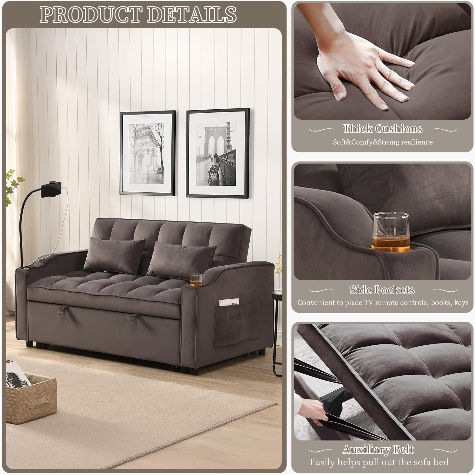 Jeeoehy 3 In 1 Convertible Sleeper Sofa Bed,Velvet Pull Out Couch Bed W Usb&Type C Port,Comfy Futon Loveseat With Adjustable Backrest&Phone Holder For Living Room Apartment Small Space(Charcoal Grey)