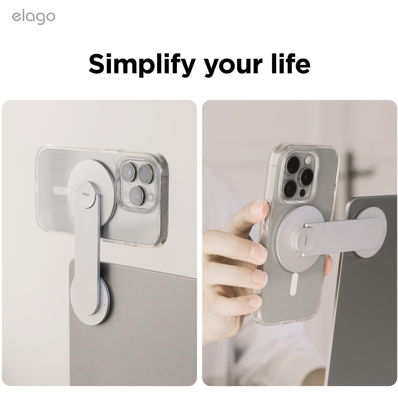 Elago Magnetic Laptop Phone Holder Mount Compatible With Iphone 15/14/ 13/12 Magsafe, Adjustable Phone Monitor Side Mount, Slim, Portable, Foldable, Compatible With Macbook (Silver)