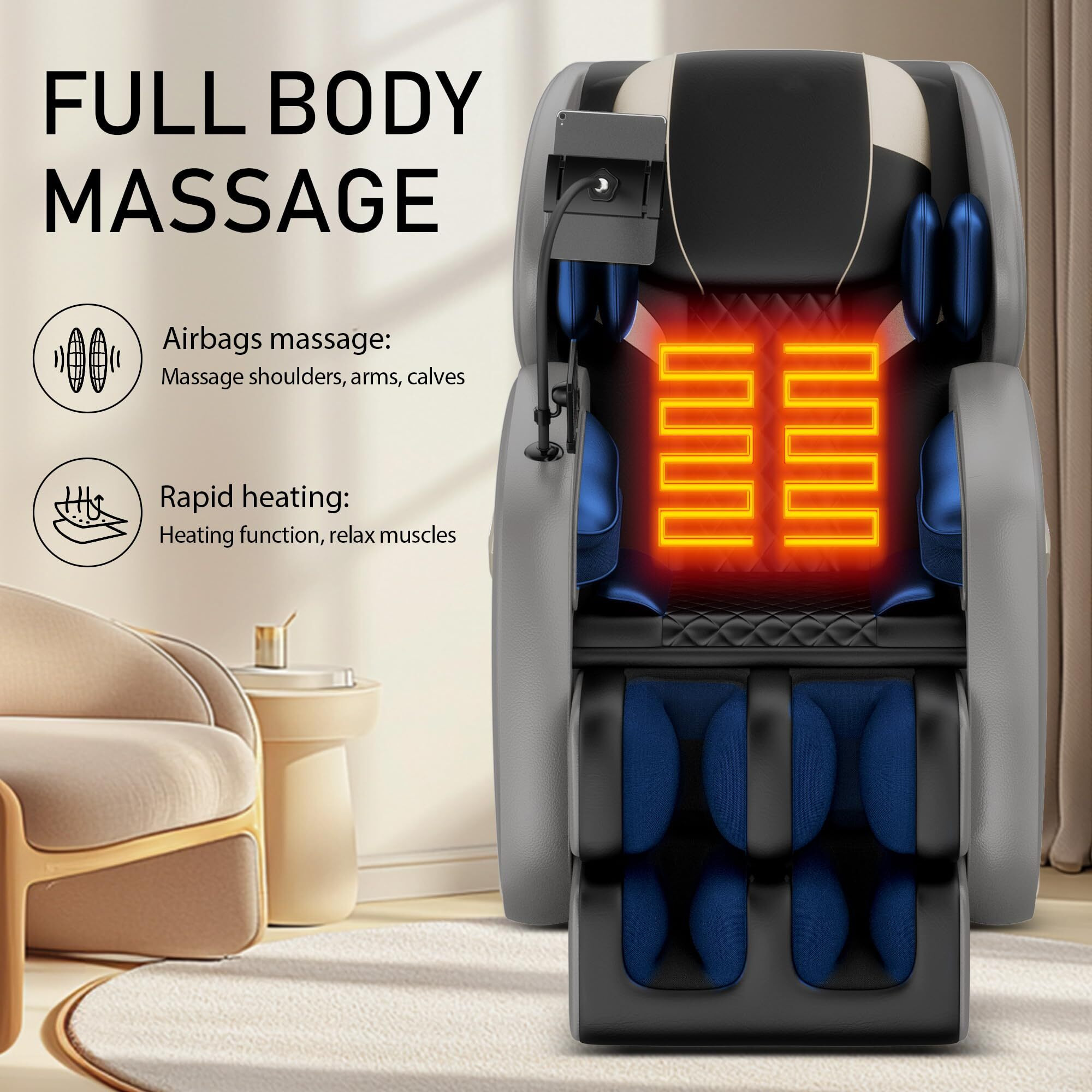 Massage Chair Full Body, Zero Gravity Massage Chair With Auto Modes, Airbag Massage, 6 Fix Point Rollers, Foot Massage, Heating, Touch Screen Controller, Gray Home Relaxation Recliner With Massage
