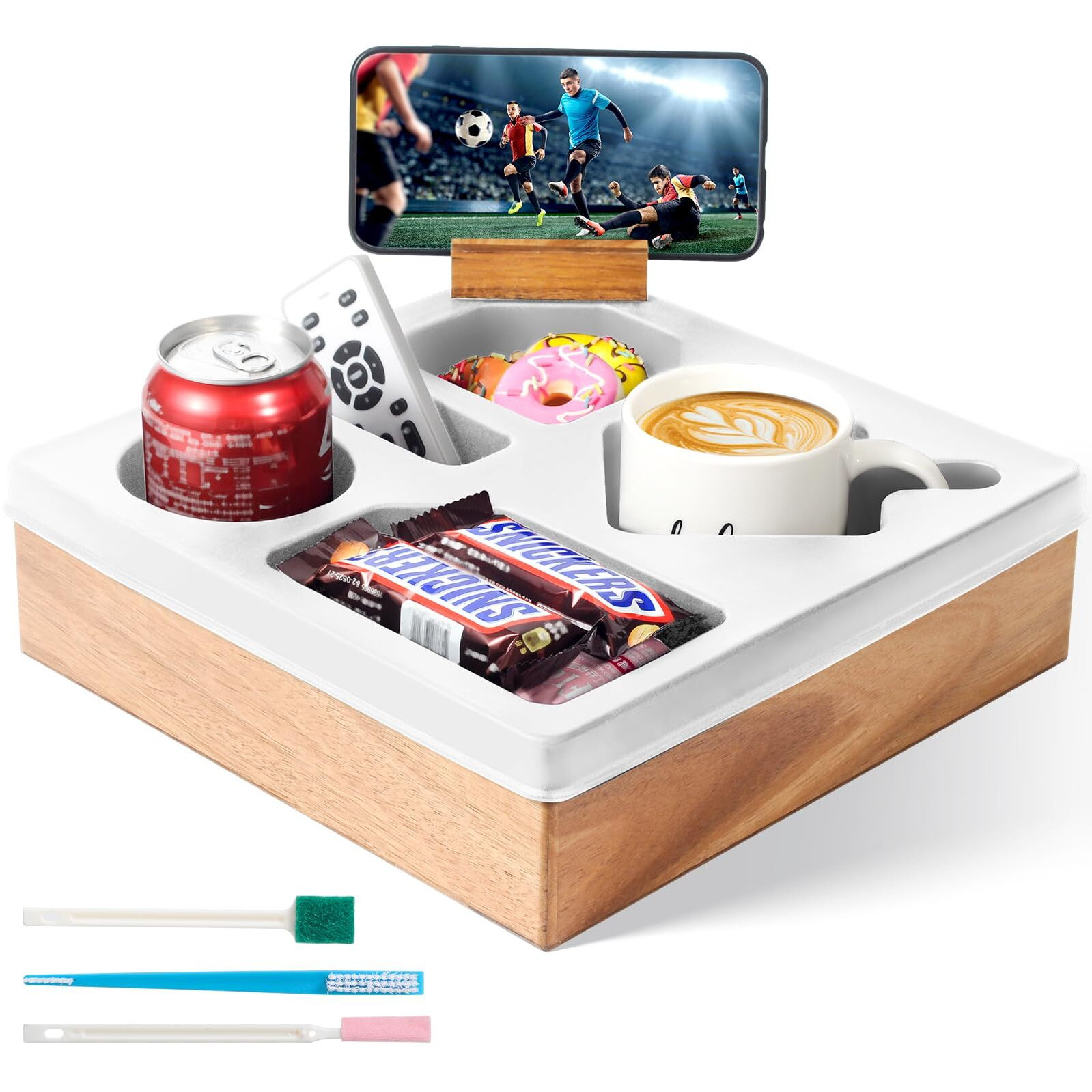 Couch Cup Holder Tray - Spill-Proof Wooden Sofa Arm Organizer With Silicone Insert For Snacks, Drinks, Remote, And Phone, Waterproof Couch Caddy For Bed, Car, Rv, Living Room (White)