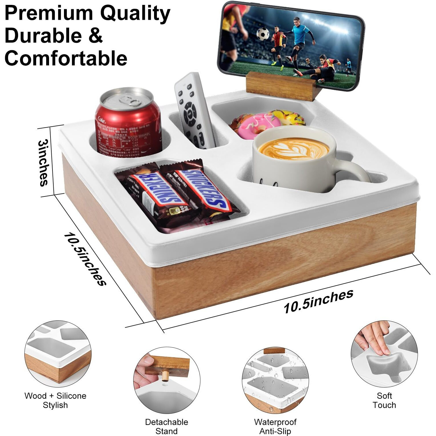 Couch Cup Holder Tray - Spill-Proof Wooden Sofa Arm Organizer With Silicone Insert For Snacks, Drinks, Remote, And Phone, Waterproof Couch Caddy For Bed, Car, Rv, Living Room (White)