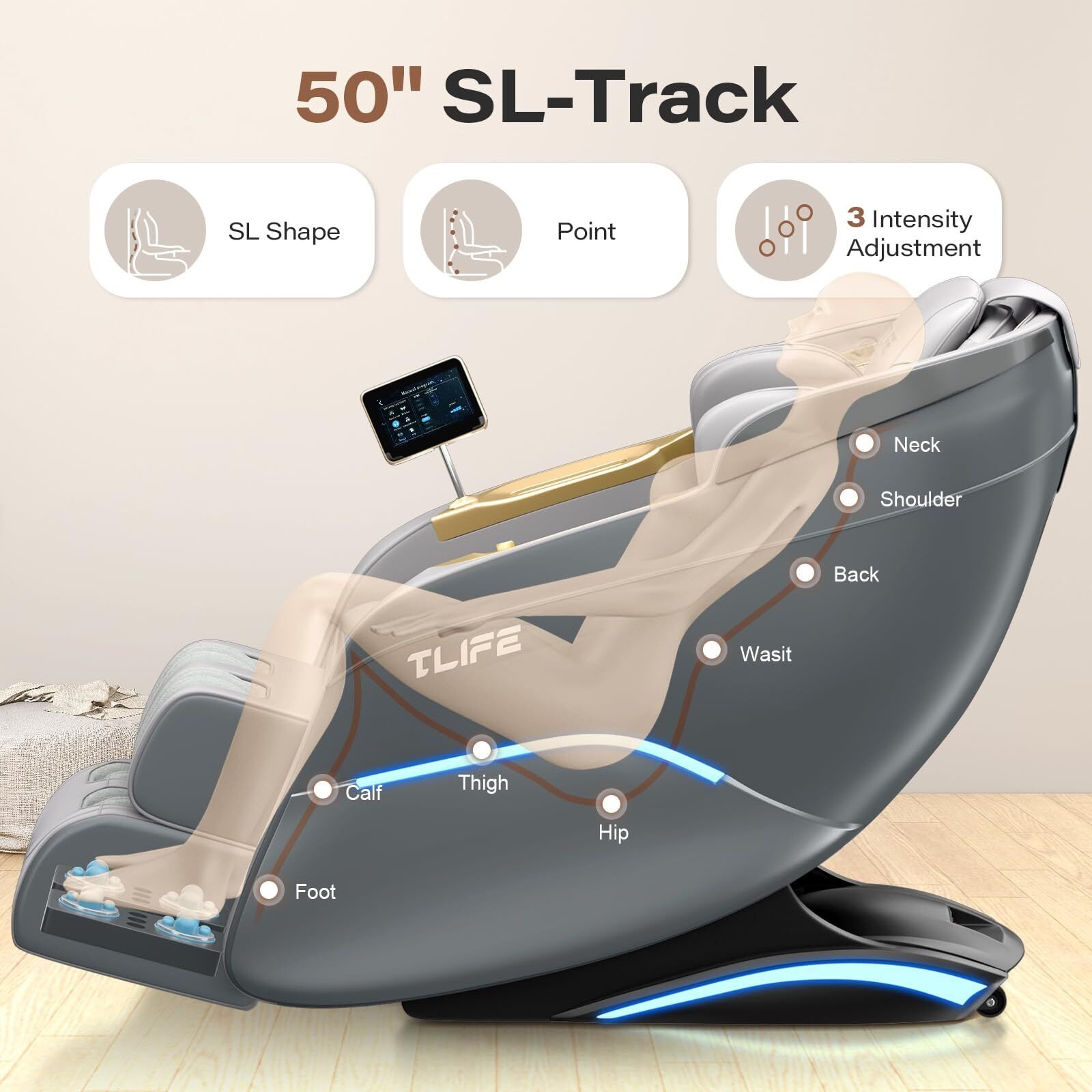 Tlife Massage Chair Full Body, 160Zero Gravity Recliner With Body Scan, 50"" Sl-Track Shiatsu Massage Chair, Fixed Point Massage, Foot Rollers, 12 Auto Modes, Deep Yoga Stretch, Heating, Grey
