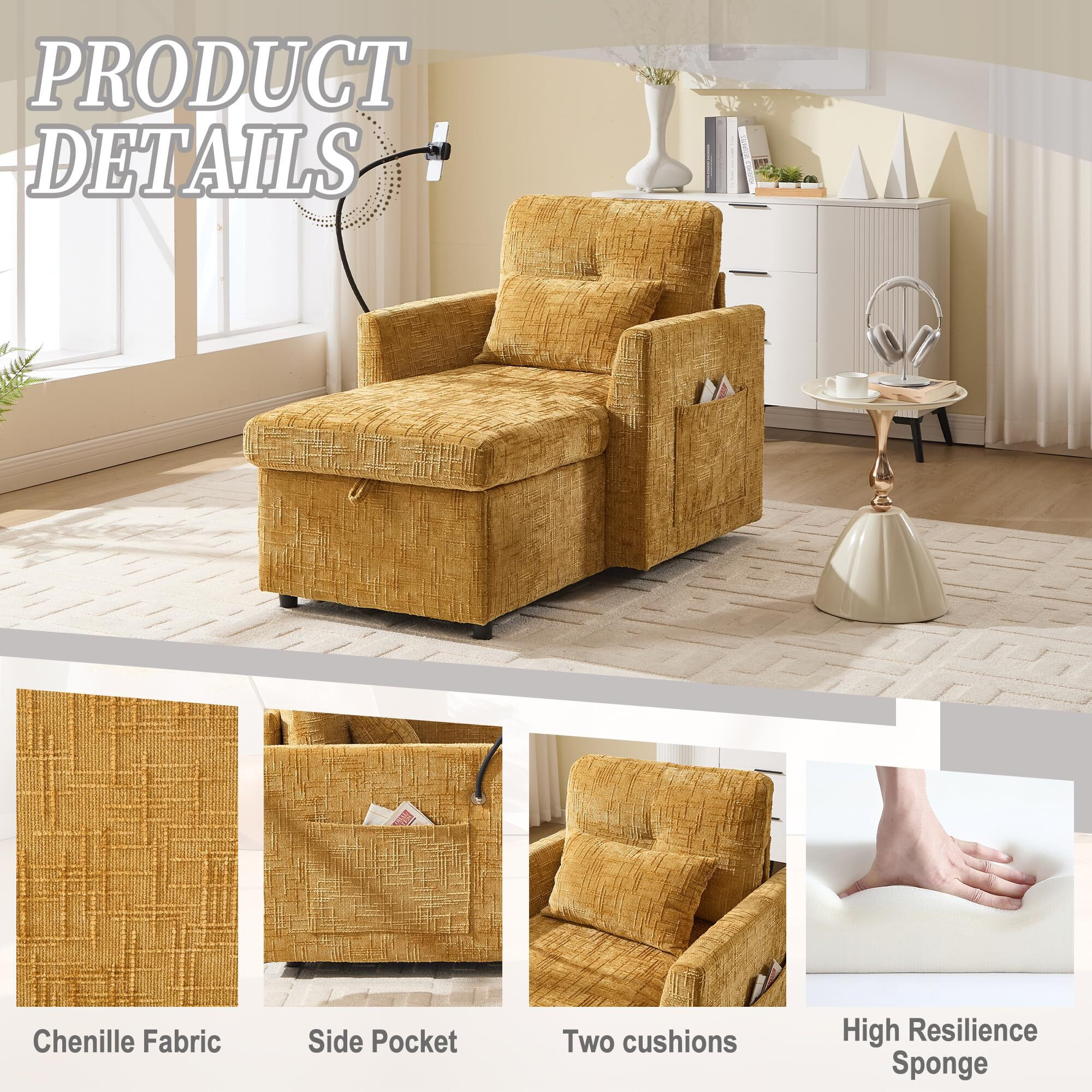 32 Inch Chaise Lounge Accent Chair With Storage , Comfy Chenille Upholstered Sleeper Chair Bed Modern Deep Seat Leisure Recliner Lounger Daybed W/ Phone Holder And Side Pockets For Living Room Office