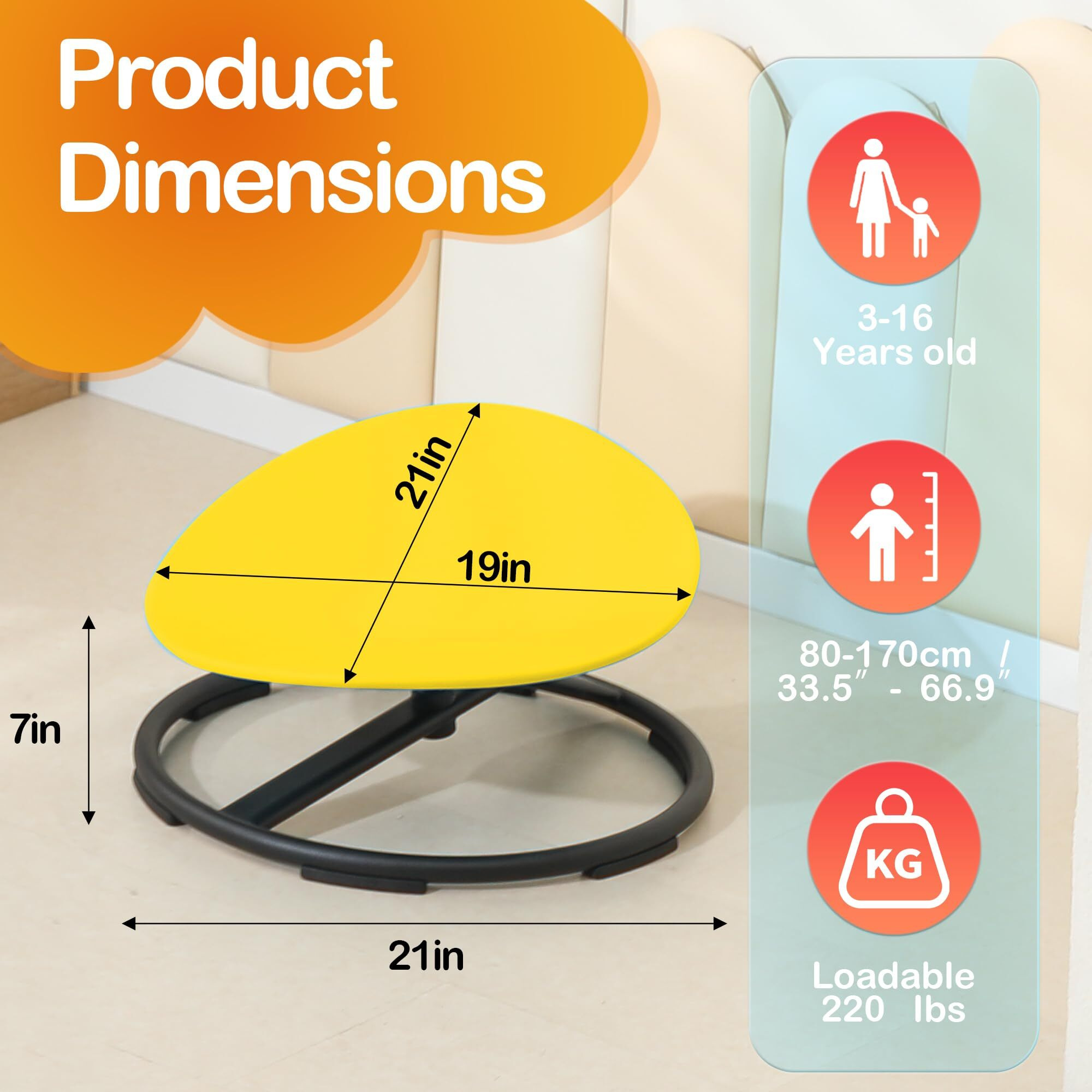 Domaxarts Sensory Spinning Chair For Autistic Kids,Sensory Swivel Chair,Sit And Spin Toy For Balance And Coordination, Spinning Autism Seat & Adhd Children, Indoor & Outdoor Play For Ages 3+(Yellow)