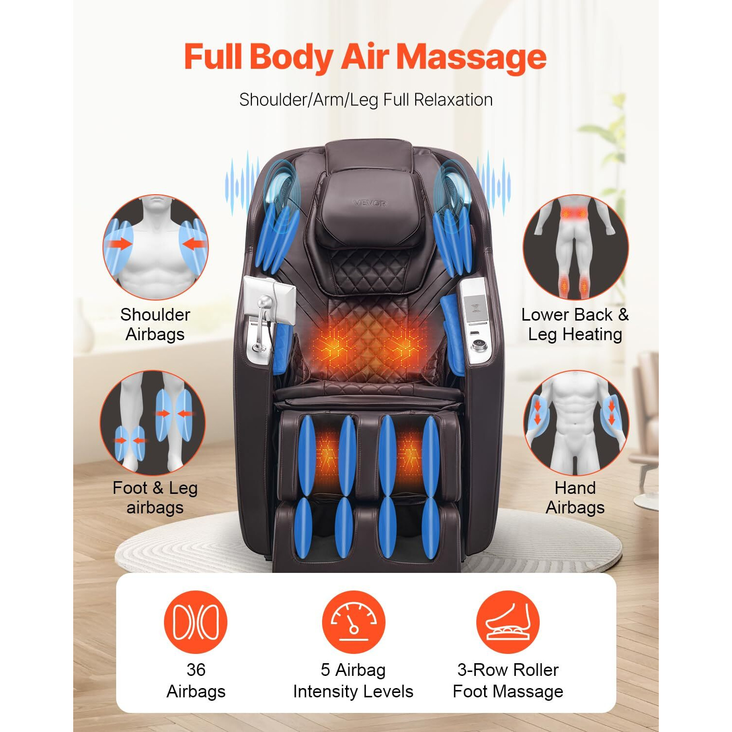 Vevor Massage Chair, 4D Full Body Zero Gravity Recliner With Sl Track, Yoga Stretch, Ai Voice Control, Heat, Foot Roller, Retractable Pedal, 36 Airbags, Lcd, Armrest Controls, Rolling Base