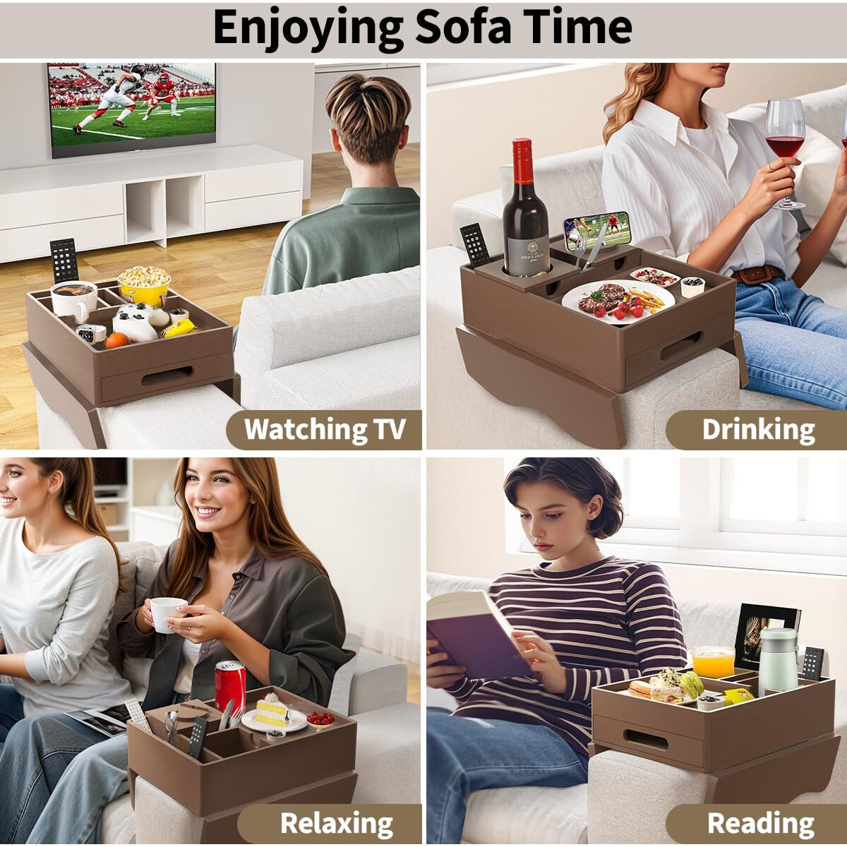 Couch Cup Holder Tray, 7-In-1 Couch Arm Tray, Sofa Clip-On Side Table With Push-Pull Drawer To Organize And Store Small Objects, 360Swivel Phone Holder, For Drinks, Cups, Snacks, Remote(Chestnut)