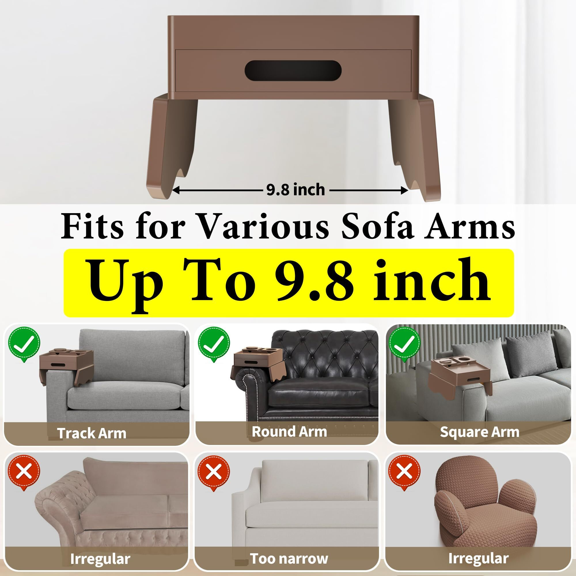 Couch Cup Holder Tray, 7-In-1 Couch Arm Tray, Sofa Clip-On Side Table With Push-Pull Drawer To Organize And Store Small Objects, 360Swivel Phone Holder, For Drinks, Cups, Snacks, Remote(Chestnut)