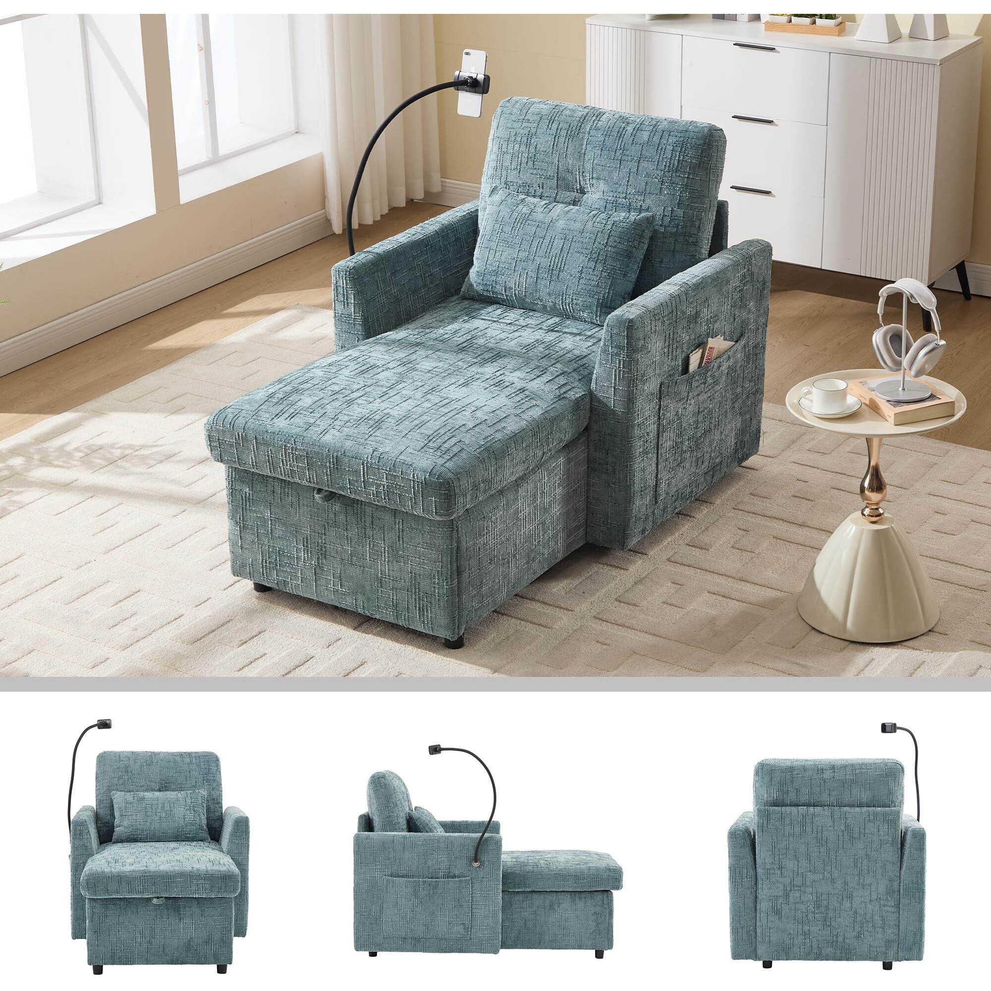 32 Inch Chaise Lounge Accent Chair With Storage, Comfy Chenille Upholstered Sleeper Chair Bed Modern Deep Seat Leisure Recliner Lounger Daybed W/Phone Holder And Side Pockets For Living Room Office